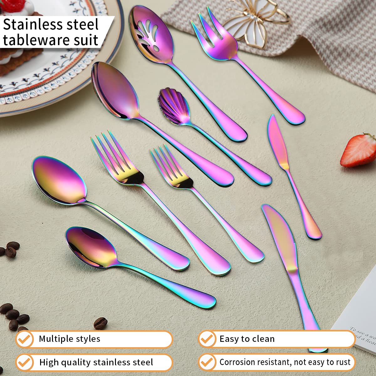 Kyraton Rainbow Silverware Set 45 Pieces Service For 8, Titanium Colorful Plating Flatware Sets Cutlery Set, Spoons And Forks Si