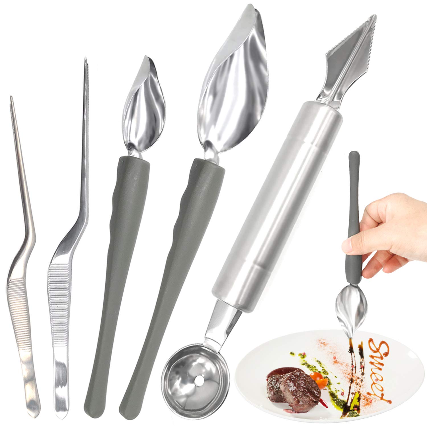 5 Pieces Culinary Drawing Decorating Spoon Set, Drizzle Spoons, Cooking Tweezers And Melon Baller Spoon, Professional Chef Tool