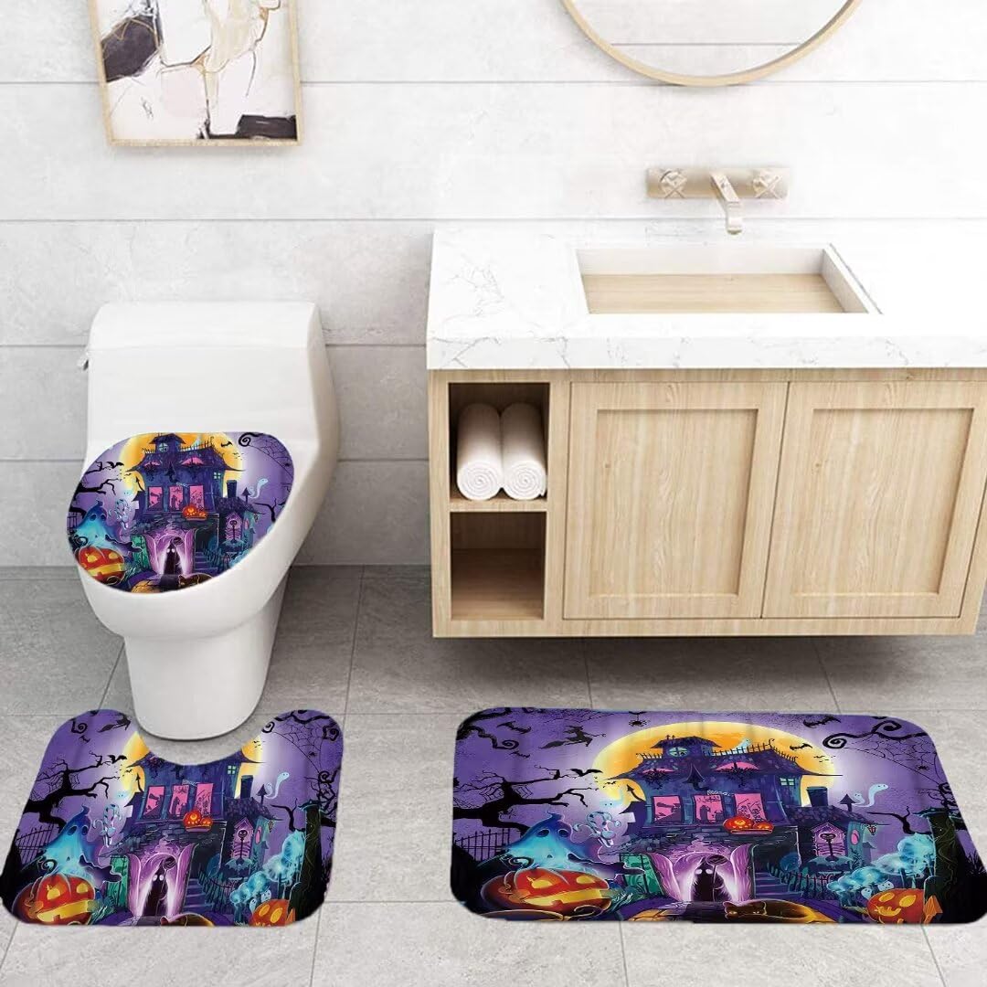 Nbvko Halloween Purple Castle Pumpkin Waterproof Shower Curtain,With Non-Slip Rugs,Toilet Lid Cover And Bath Mat,Bathroom Shower