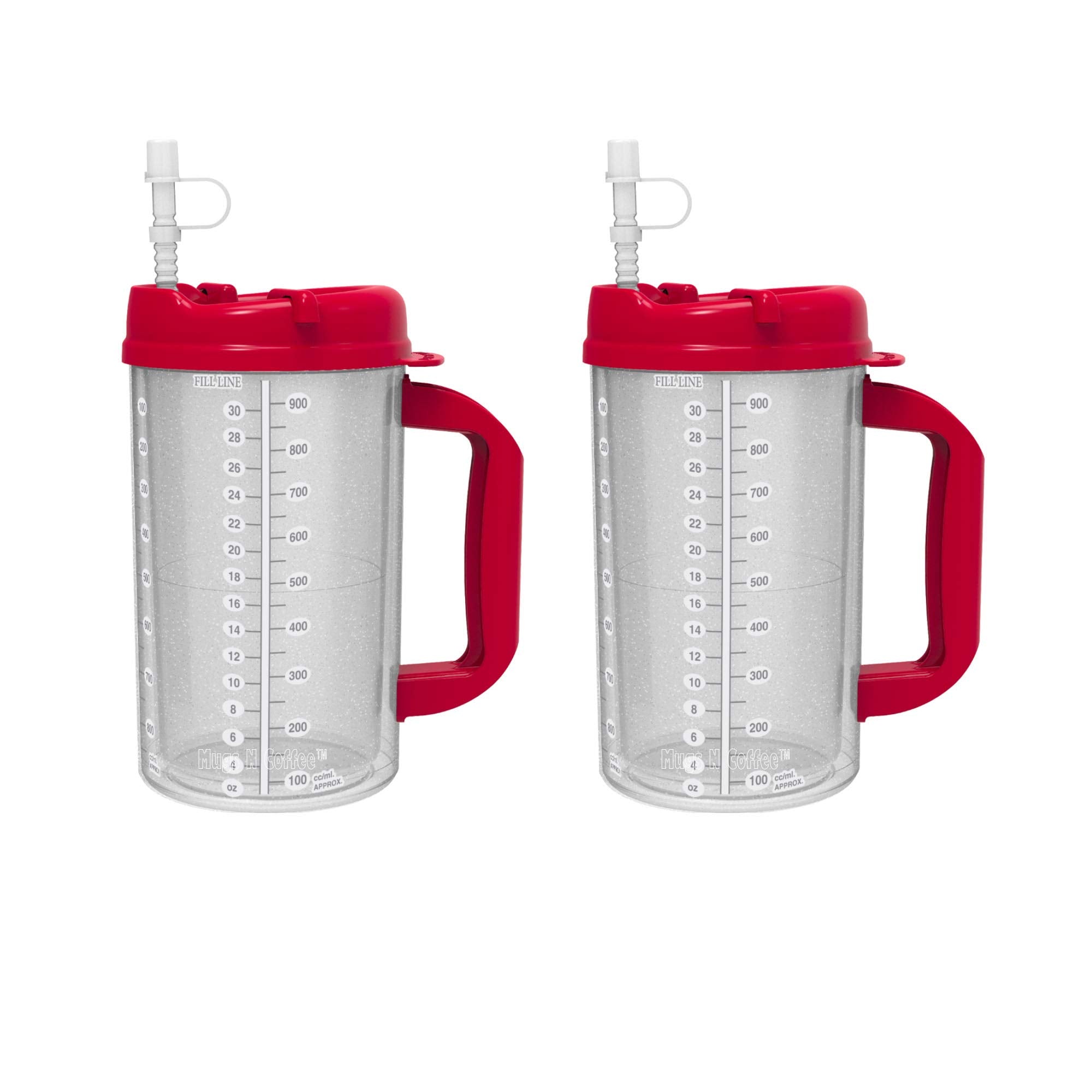 2 Pack Of 32 Oz Red Double Wall Insulated Hospital Mugs - Cold Drink Mugs - New Swivel Lid Design - Includes 11'' Straws (2)