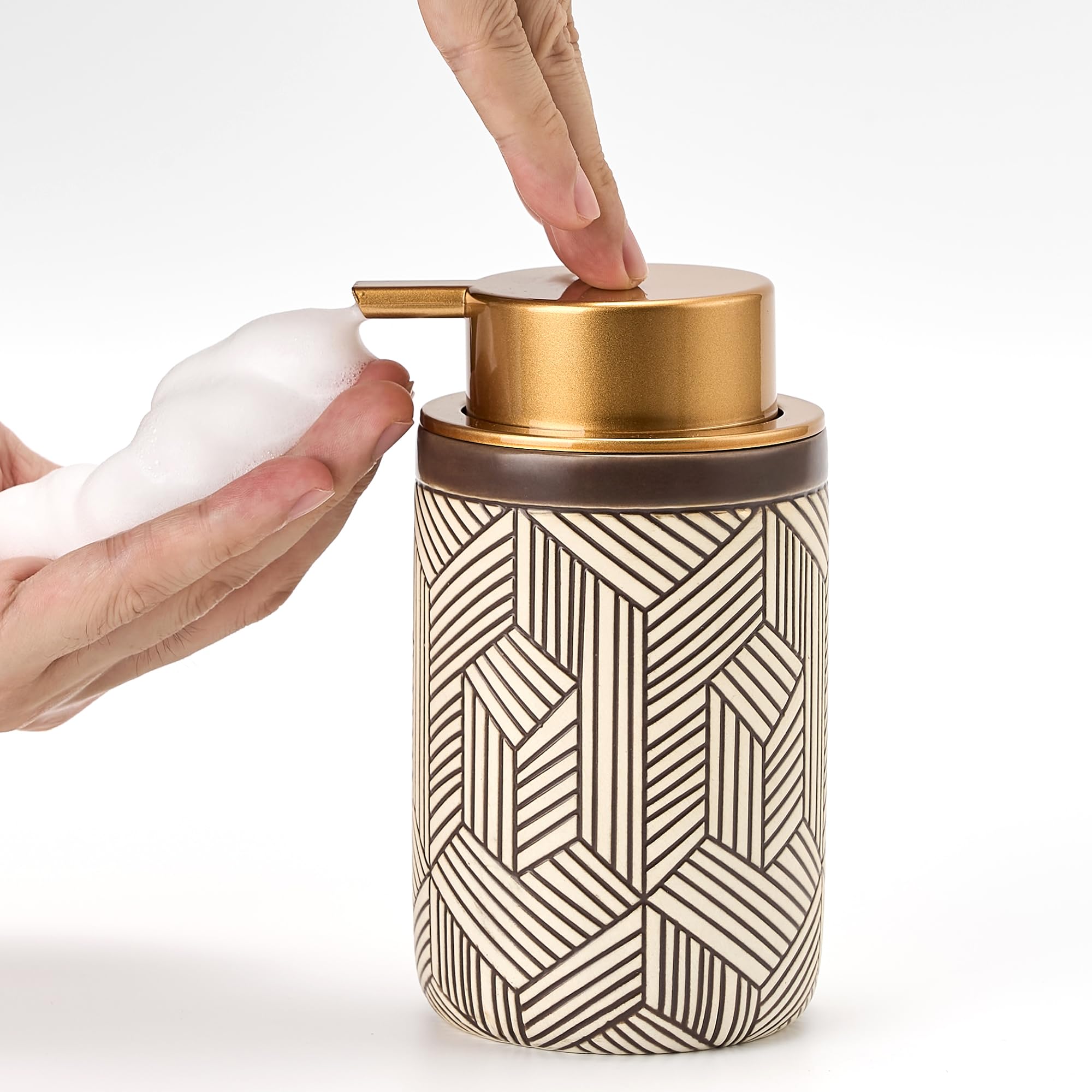 Girlufo Brown Foaming Soap Dispenser,Foam Soap Dispenser Bathroom With Plastic Gold Soap Pump,Handmade Ceramic Foaming Hand Soap