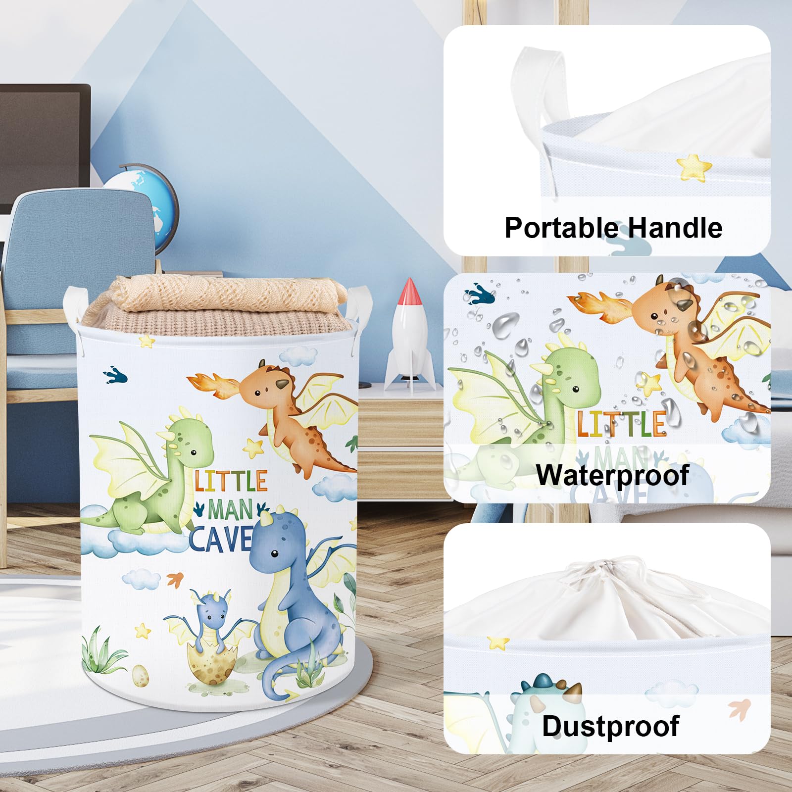 Clastyle Blue Dragon Kid Laundry Hamper With Lid Flying Dino Collapsible Laundry Basket With Handles Star Cloud Clothes Towel To