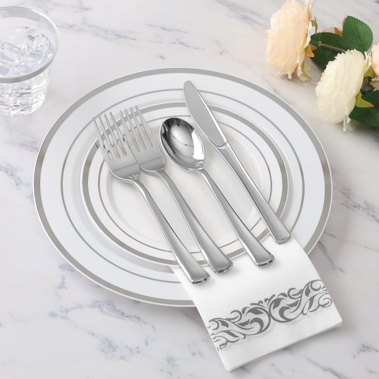 350 Piece Silver Dinnerware Set for 50 Guests  disposable Plastic Plates for Party  Include: 50 Silver Rim Dinner Plates  50 Dessert Plates  50 Paper Napkins  50 Cups  50 Plastic Silverware set