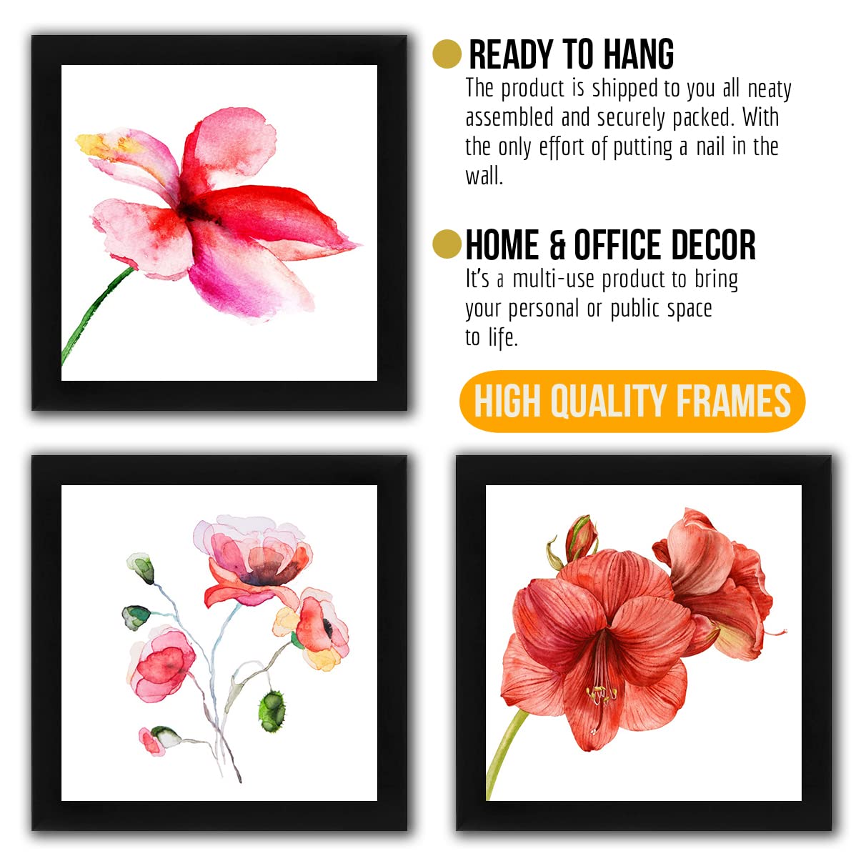 Interio Crafts Botanical Decor Flower Prints For Wall Decoration (Size: 8 X 8 Inches,Pack of 4)
