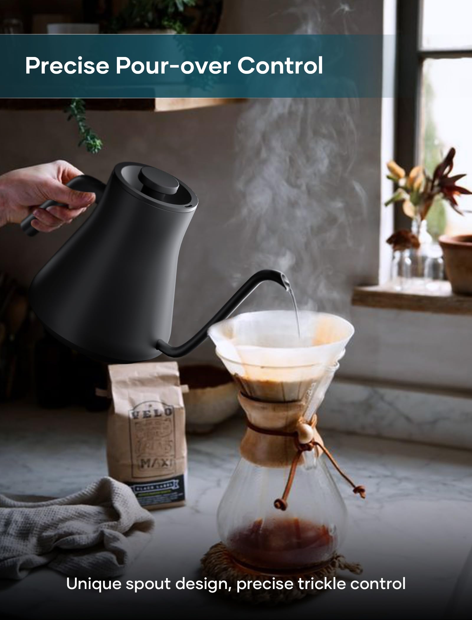 INTASTING Gooseneck Electric Kettle, 1500W, ±1℉ Temp Control, Stainless Steel, 0.9L, Black, Model CEK-219