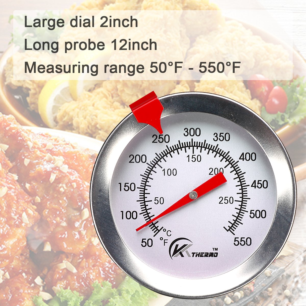 Kt Thermo Deep Fry Thermometer With Instant Read,Dial Thermometer,12'' Stainless Steel Stem Meat Cooking Thermometer,Best For Tu