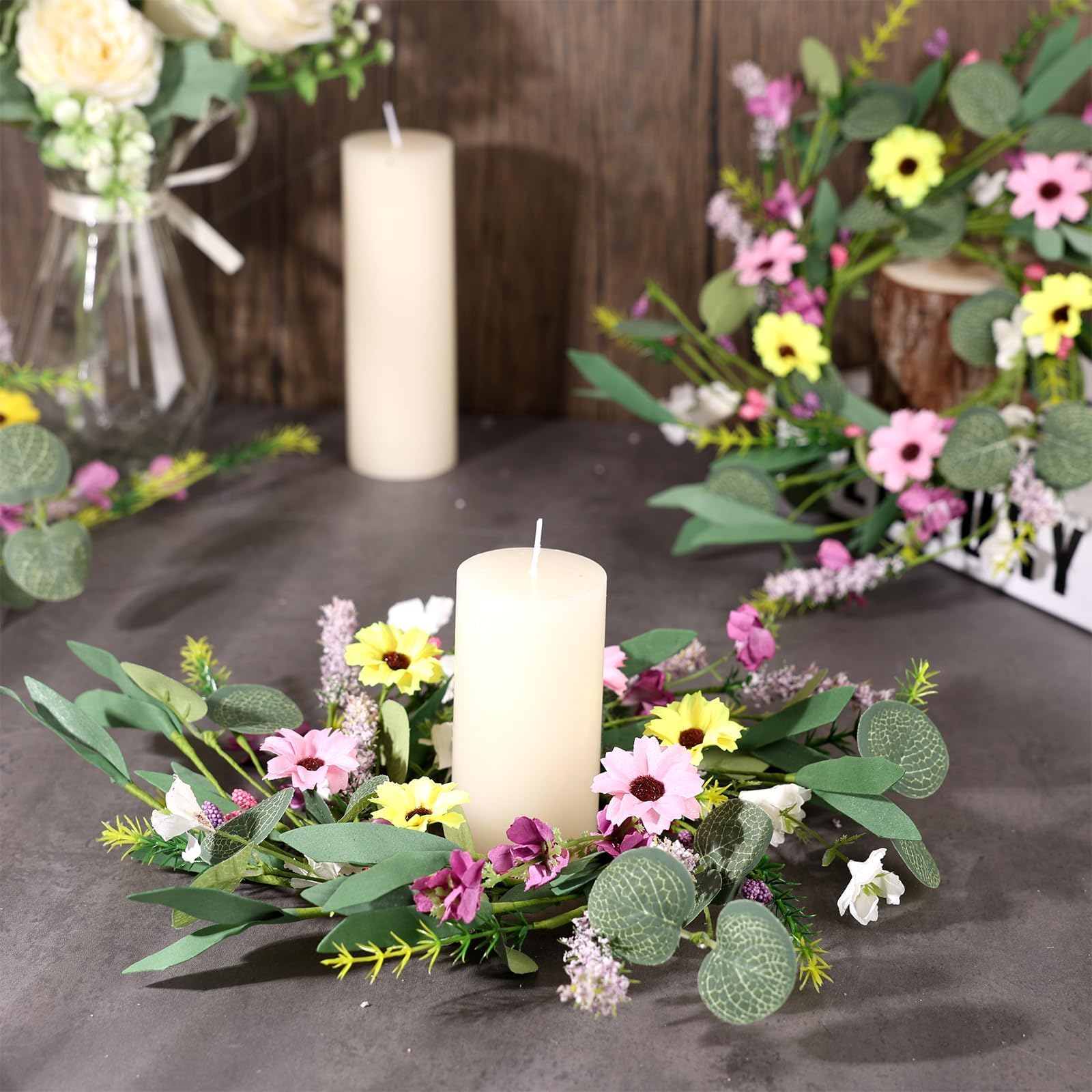 12 Pcs Spring Summer Artificial Flowered Wreath Mini Floral Wedding Candle Rings Wreaths Pillar Candle Holder for Wedding Spring