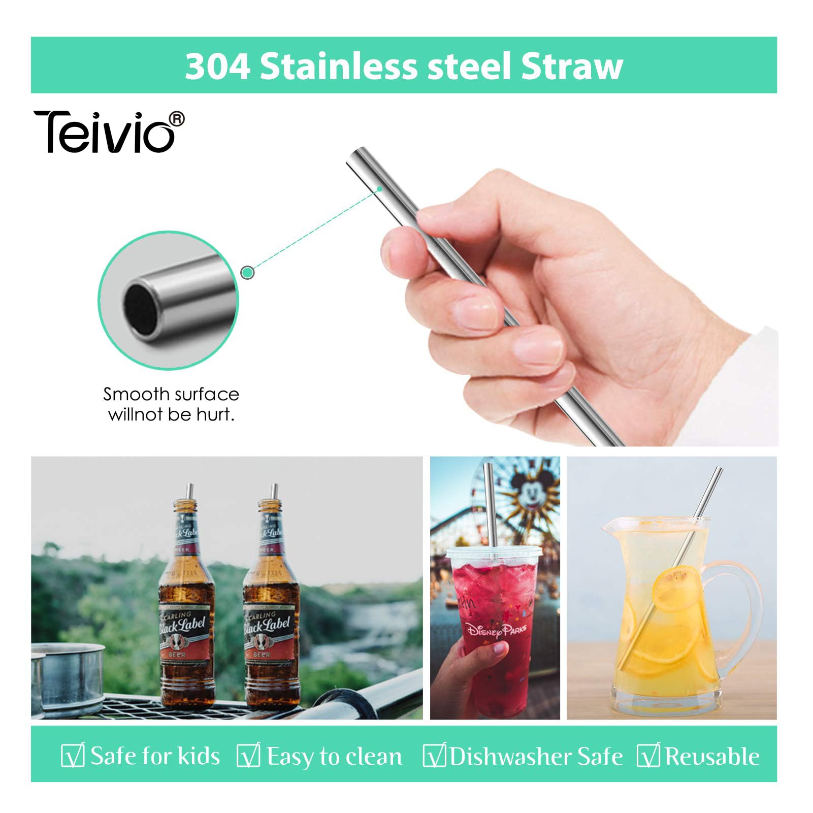 Teivio Stainless Steel Straws Set - 8 Piece 5/16 inch Reusable Metal Straws with Silicone Tips & Cleaning Brush, Silver, 12 Inch Long