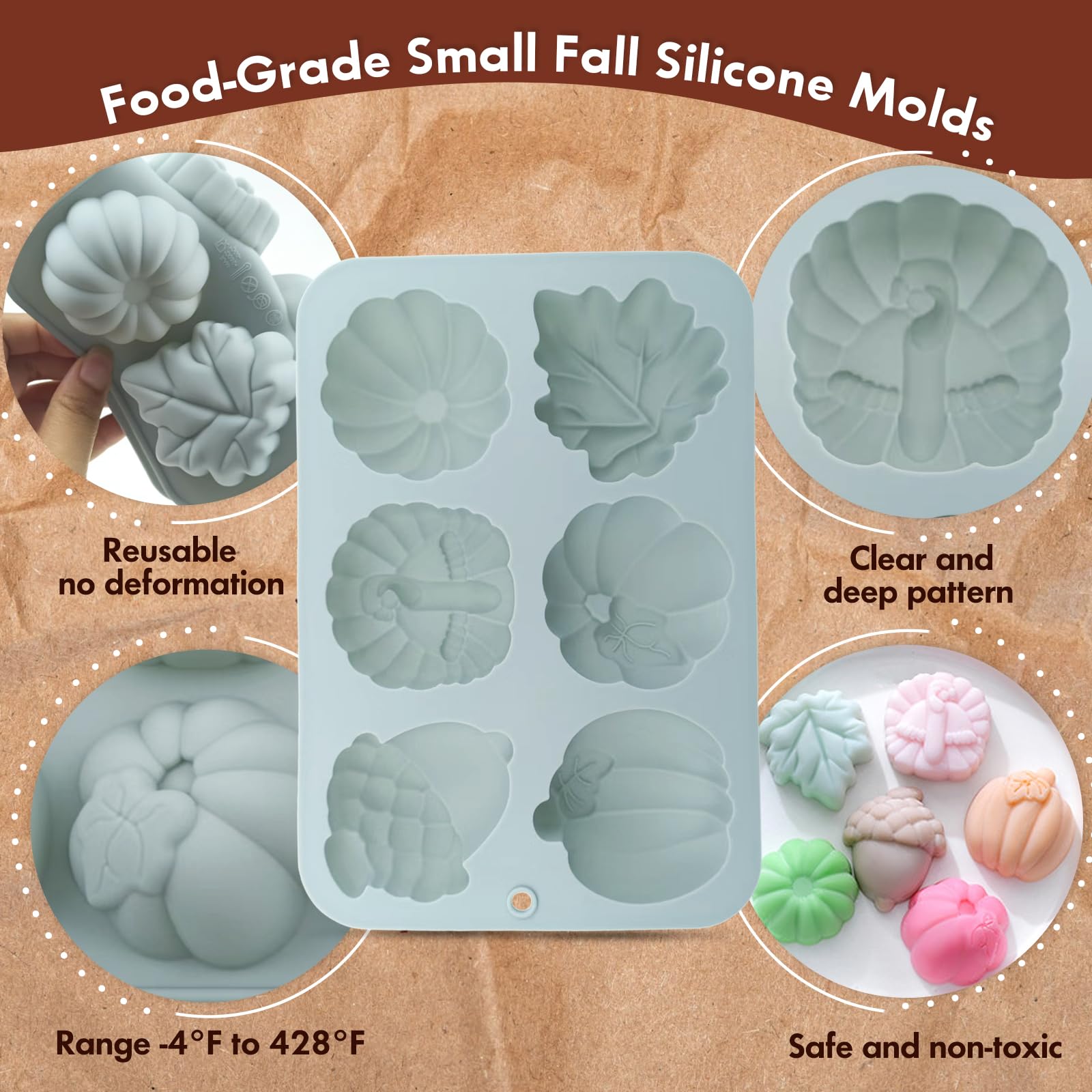 2-Pack Thick Thanksgiving Silicone Molds - 6-Cavity Non-Stick Fall Baking Molds with Turkey, Pumpkin, Pinecone, Leaves - DIY Cho