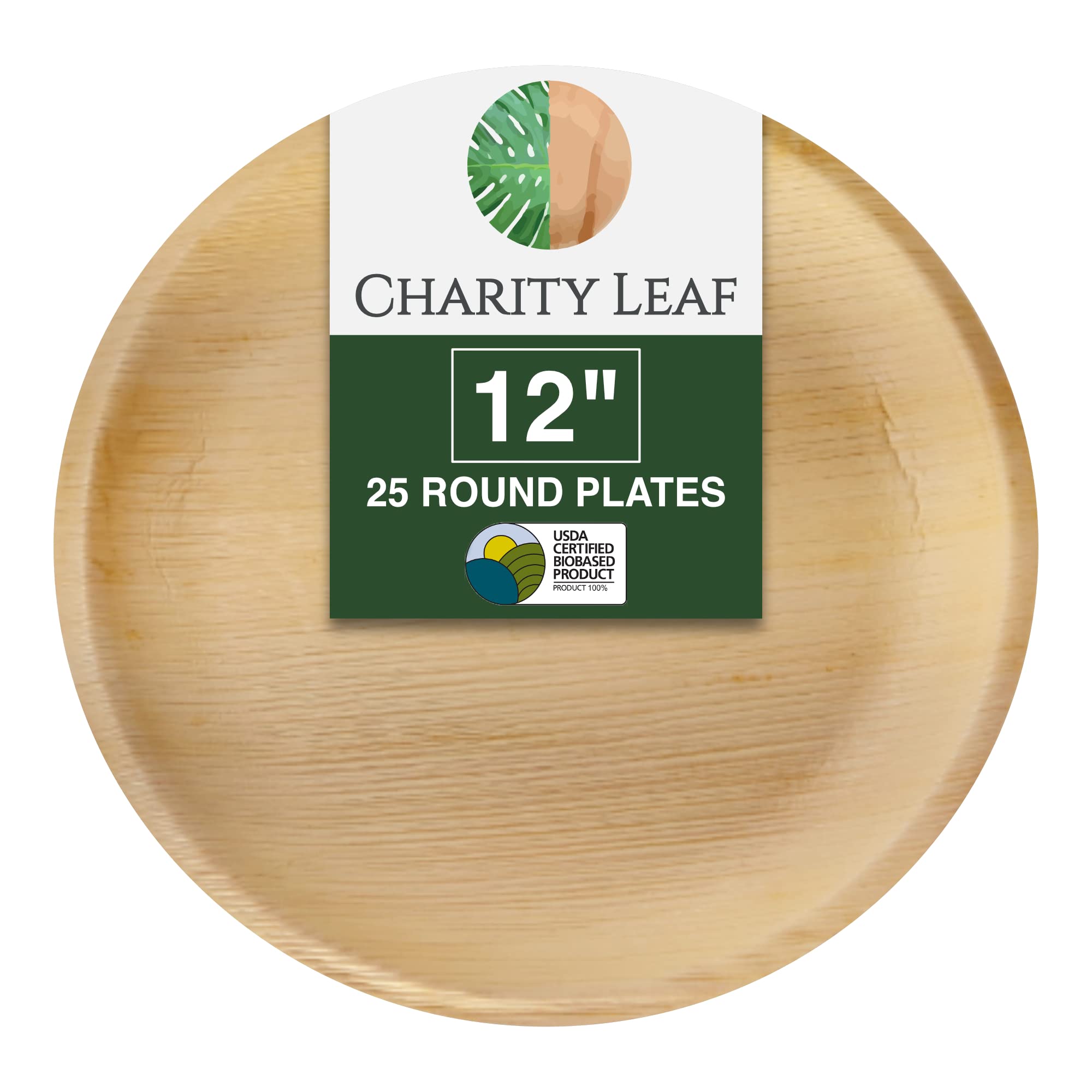Charity Leaf Disposable Palm Leaf 12 Round Plates (25 pieces) Bamboo Like Serving Platters, Disposable Boards, Eco-Friendly Dinn