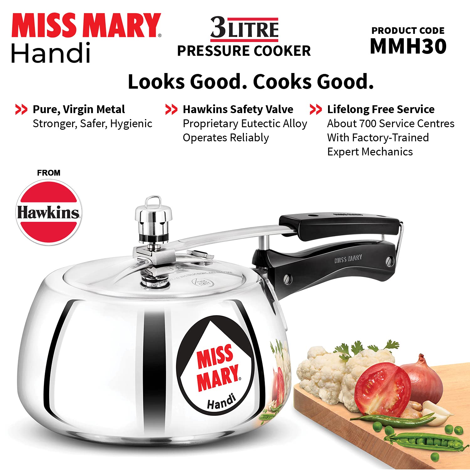 Hawkins Miss Mary Aluminium Inner Lid Handi Pressure Cooker, 3 Litre, Silver (MMH30)