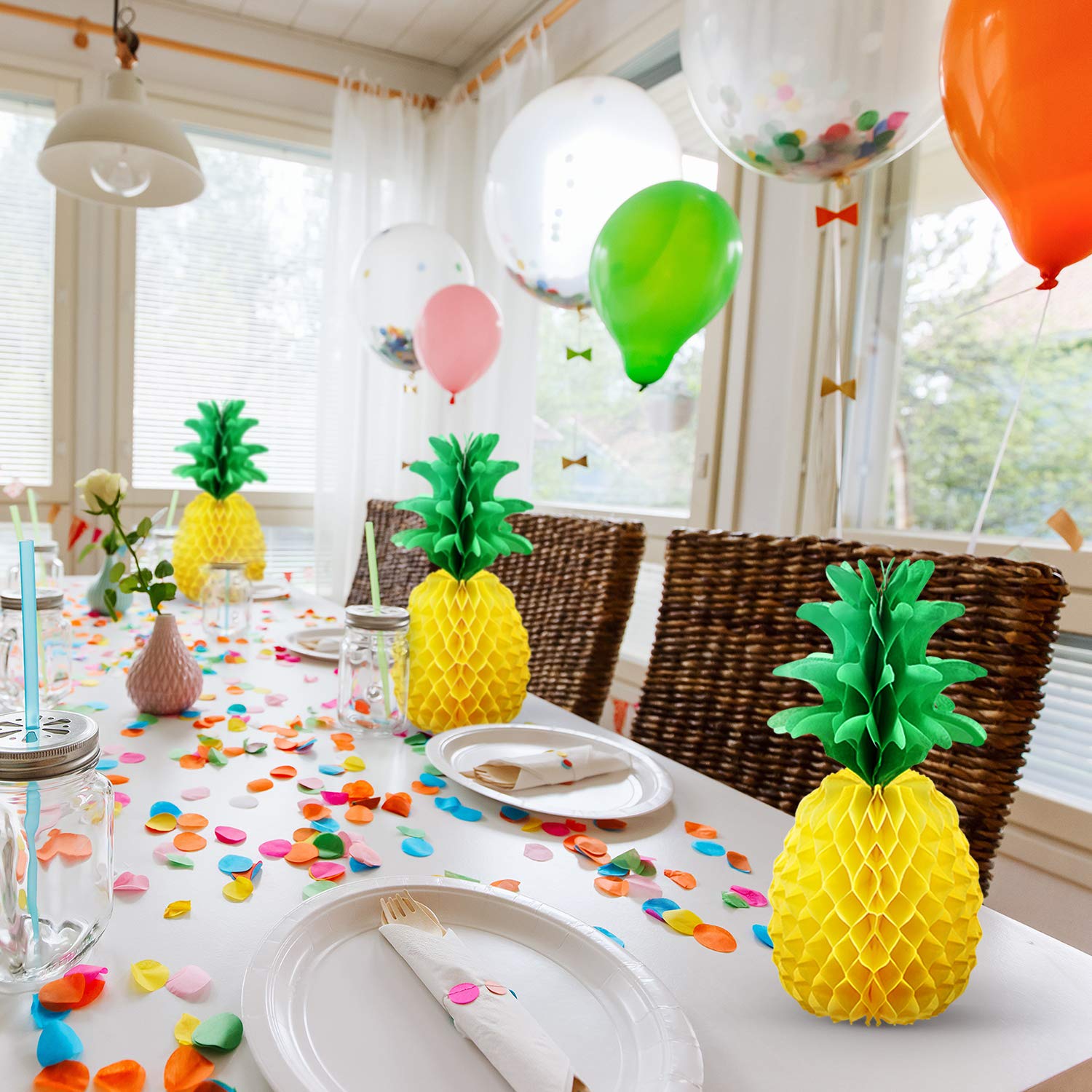 Blulu 6 Pieces 14 Inch Pineapple Honeycomb Centerpieces Tissue Paper Pineapple Table Hanging Decorations for Tropical Luau Hawai