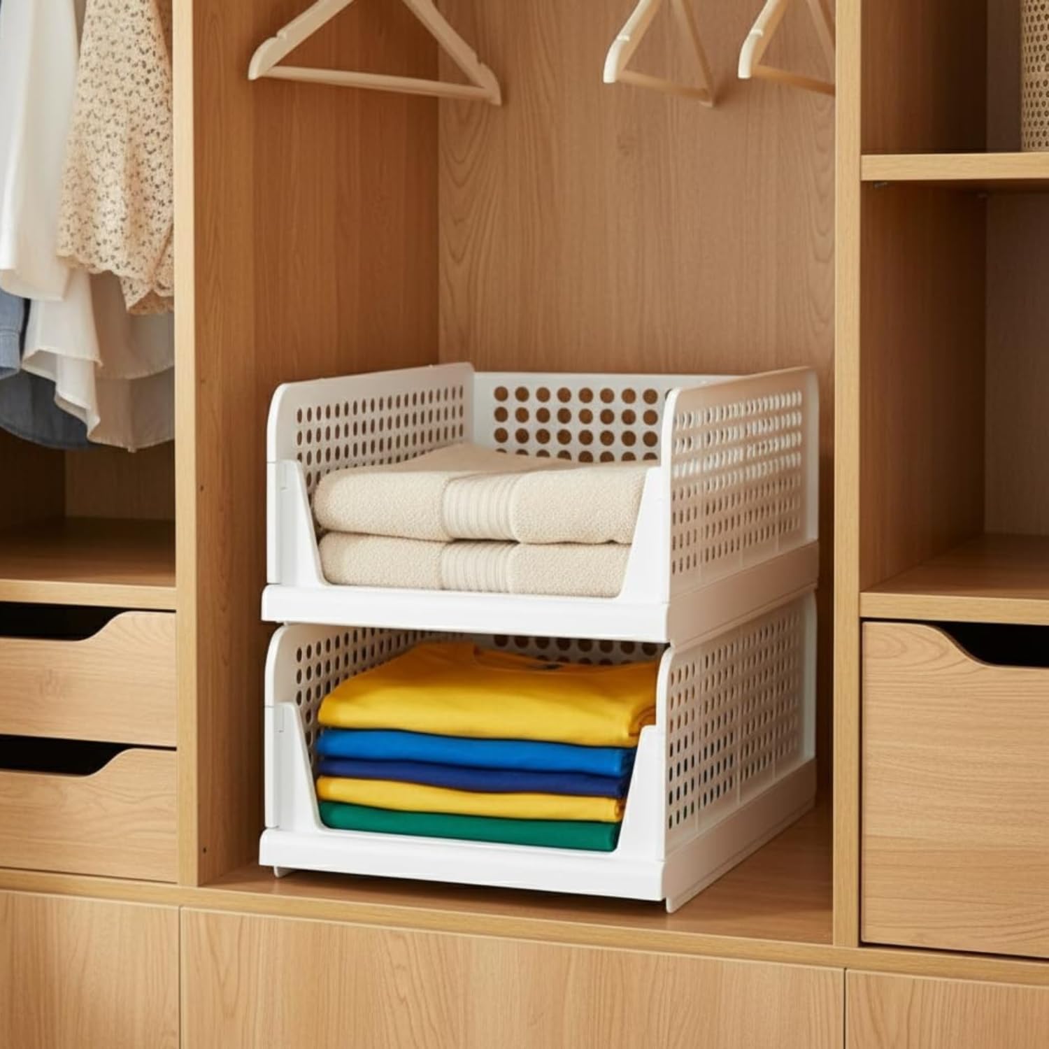 Aliensware 2Pcs Large Size Clothes Storage Rack, Cloth Organizer For Cupboard, Wardrobe, Stackable & Foldable Basket Closet Orga