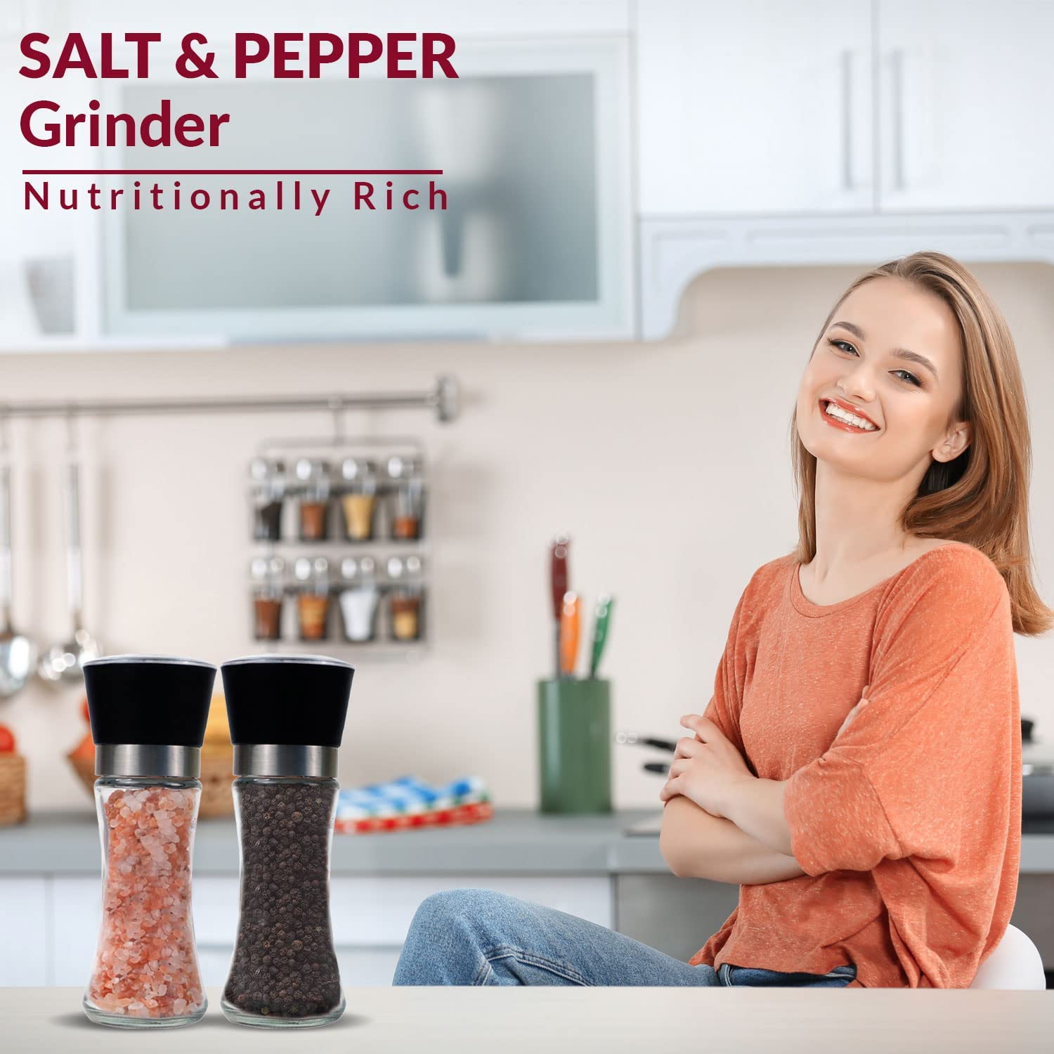 Himalayan Chef Pink Salt And Black Pepper Grinder Set, Clear, Medium
