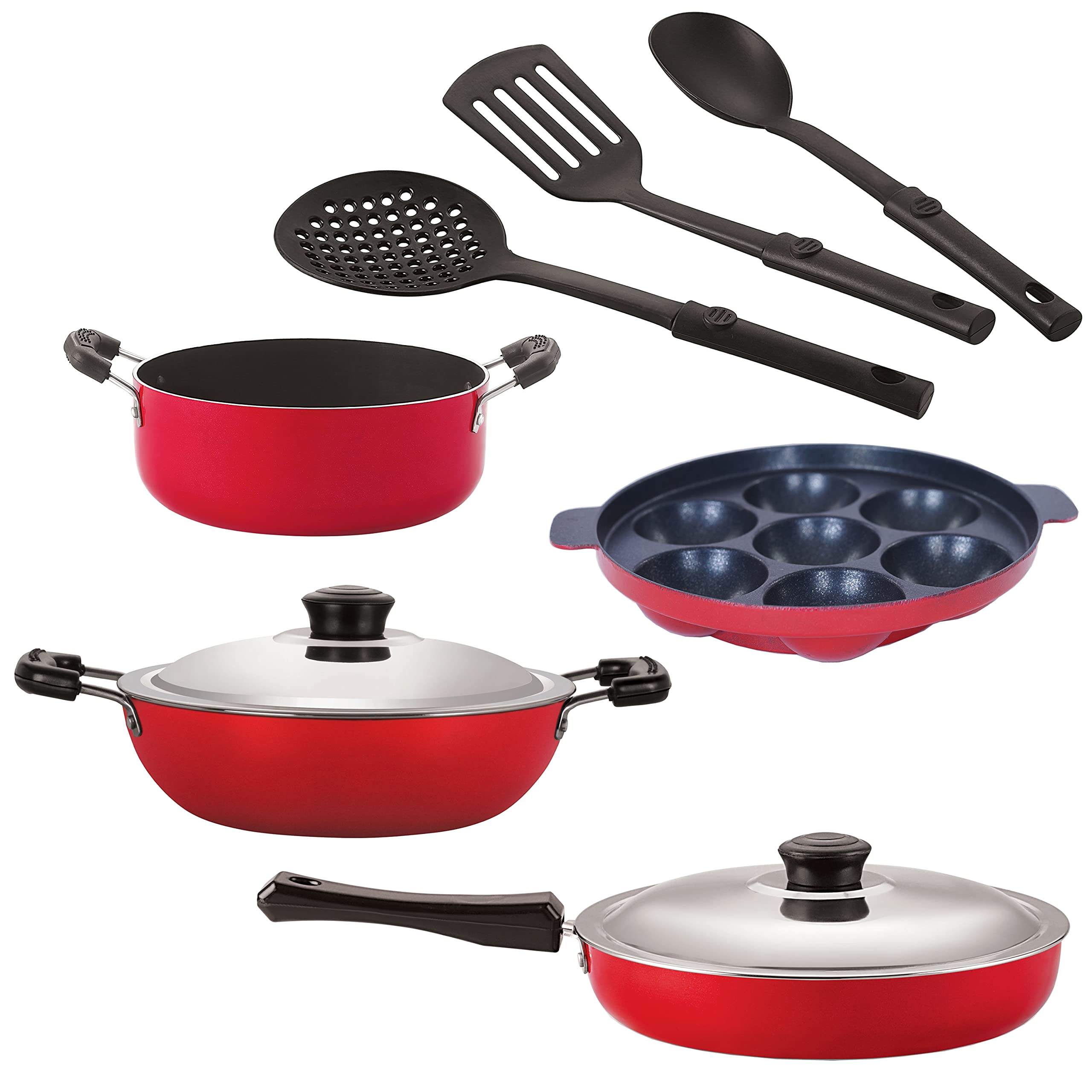 Nirlon Nonstick Coated Aluminium 7 Pcs Set Of Deep Kadhai24Cm,Appam7 Cavity,Casserole22Cm,Fry Pan24Cm & 3 Spoon (2.6Mm_Dkd(B
