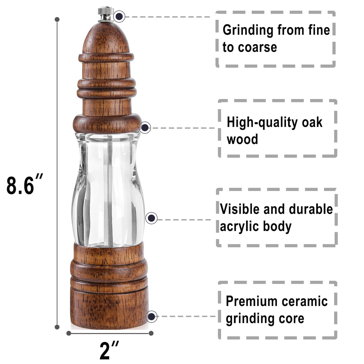 Leden Wood Pepper Grinder Mill, Manual Salt And Pepper Mills Refillable With Visible Window, Pepper Shakers, Salt Mill, Adjustab