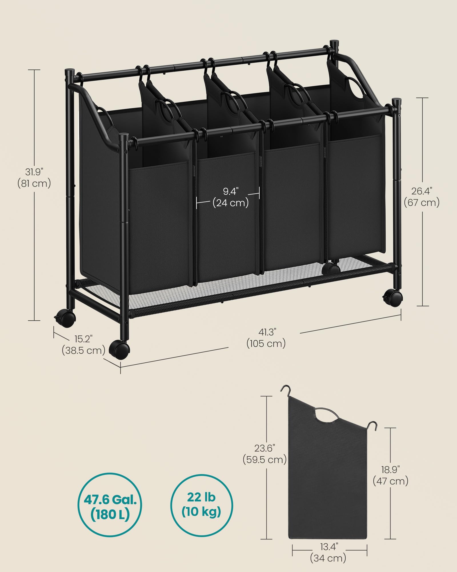 Songmics Laundry Sorter, Rolling Laundry Basket With 4 Removable Bags, Laundry Hamper, Laundry Cart, For Laundry Room, Bedroom,