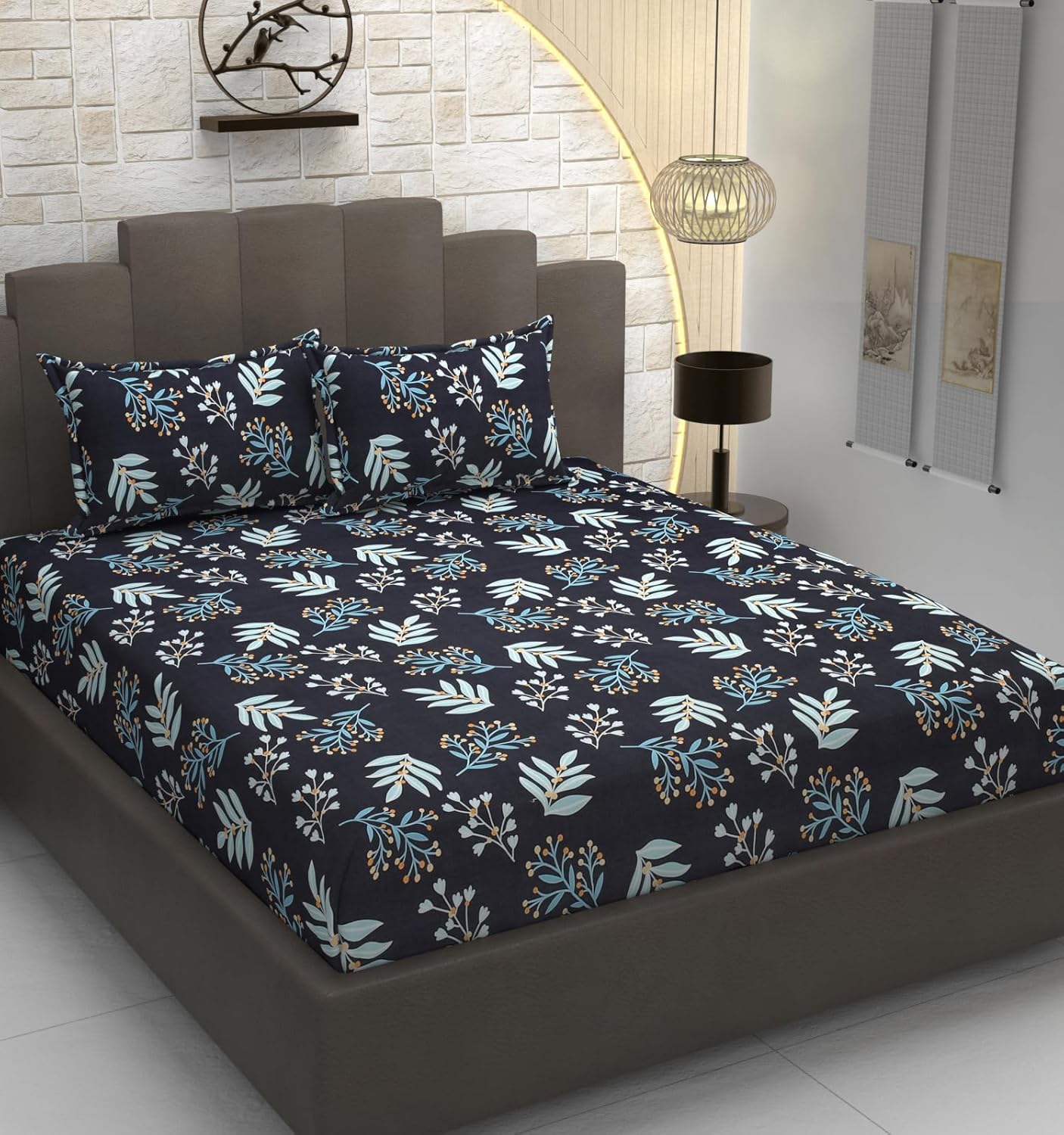 Kawi Cotton Blend Elastic Fitted Floral Bedsheet Queen Size Double Bed(78 X 72) Blue Aqua Color., 200 Tc