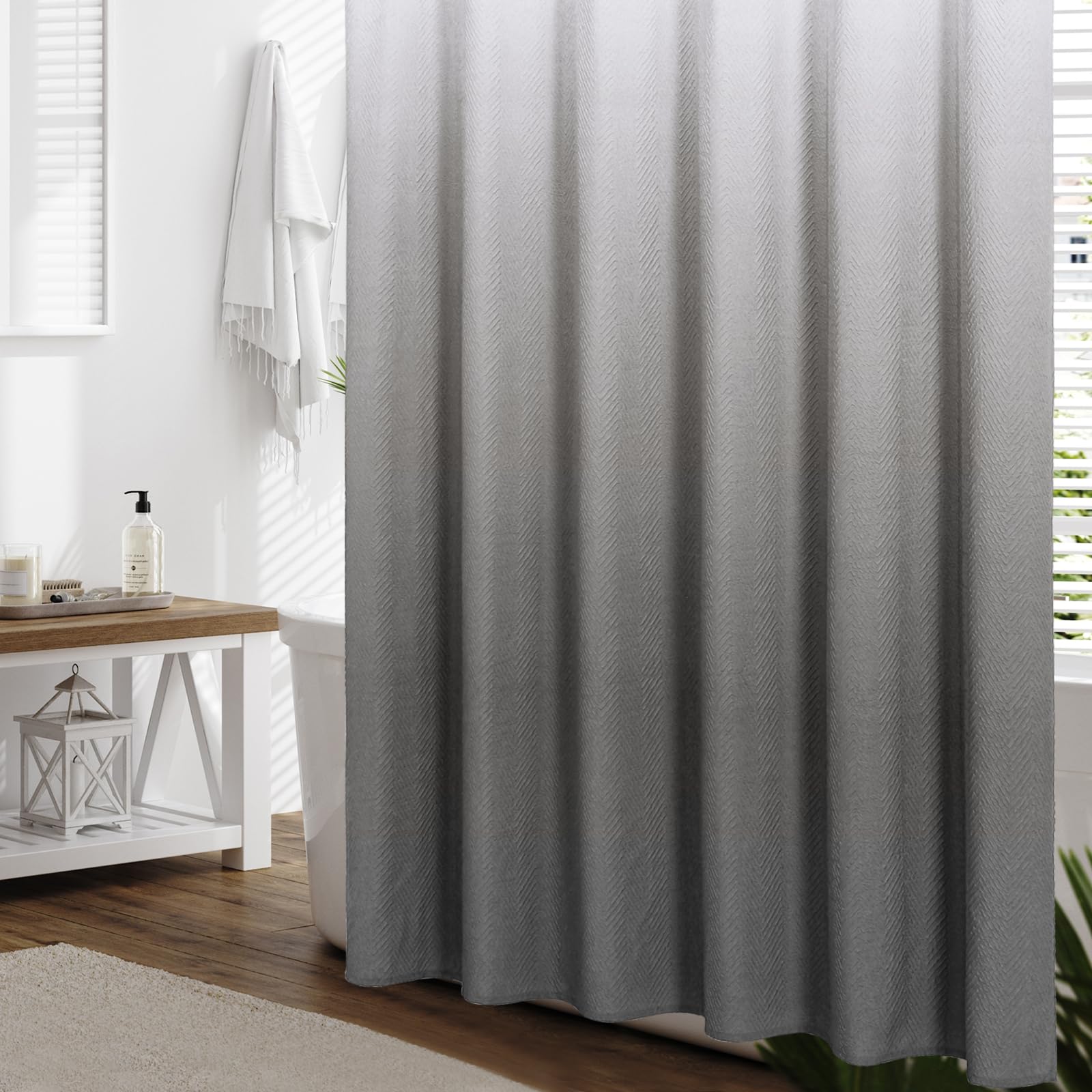 Gibelle Ombre Grey Shower Curtain, 3D Embossed Textured Herringbone Fabric Shower Curtain, Modern Farmhouse Bathroom Decor Soft
