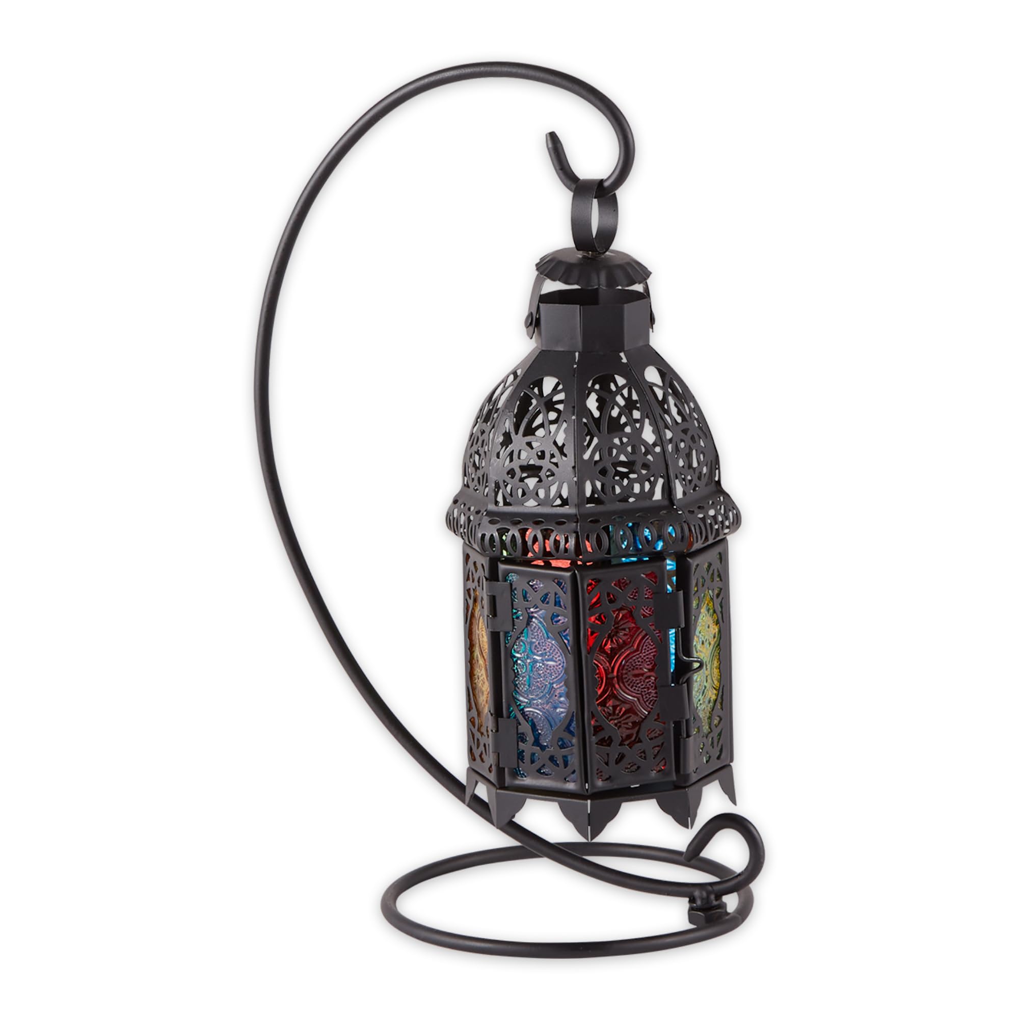 Zingz & Thingz Moroccan Style Candle Lantern Holder, Decorative Light Home Decor, Indoor & Outdoor, 13 Tall, Black with Rainbow 