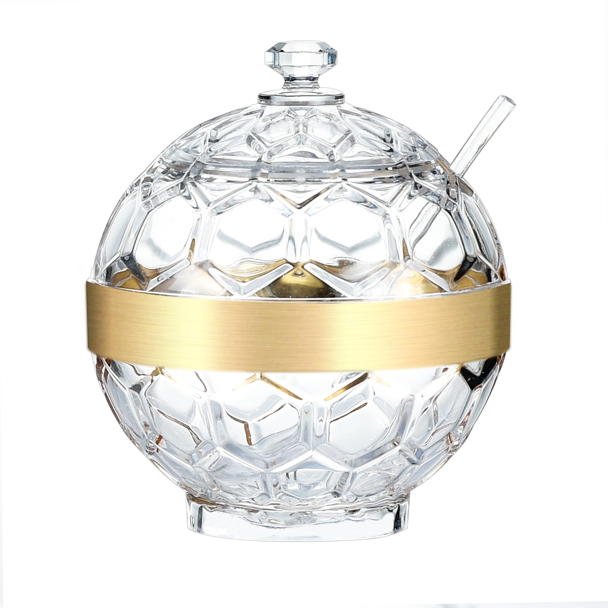 IVOOBR Clear Acrylic Sugar Bowl with Lid and Spoon,10 oz Sugar Container for Coffee Bar Accessories, Sugar Jar(Gold-plated)