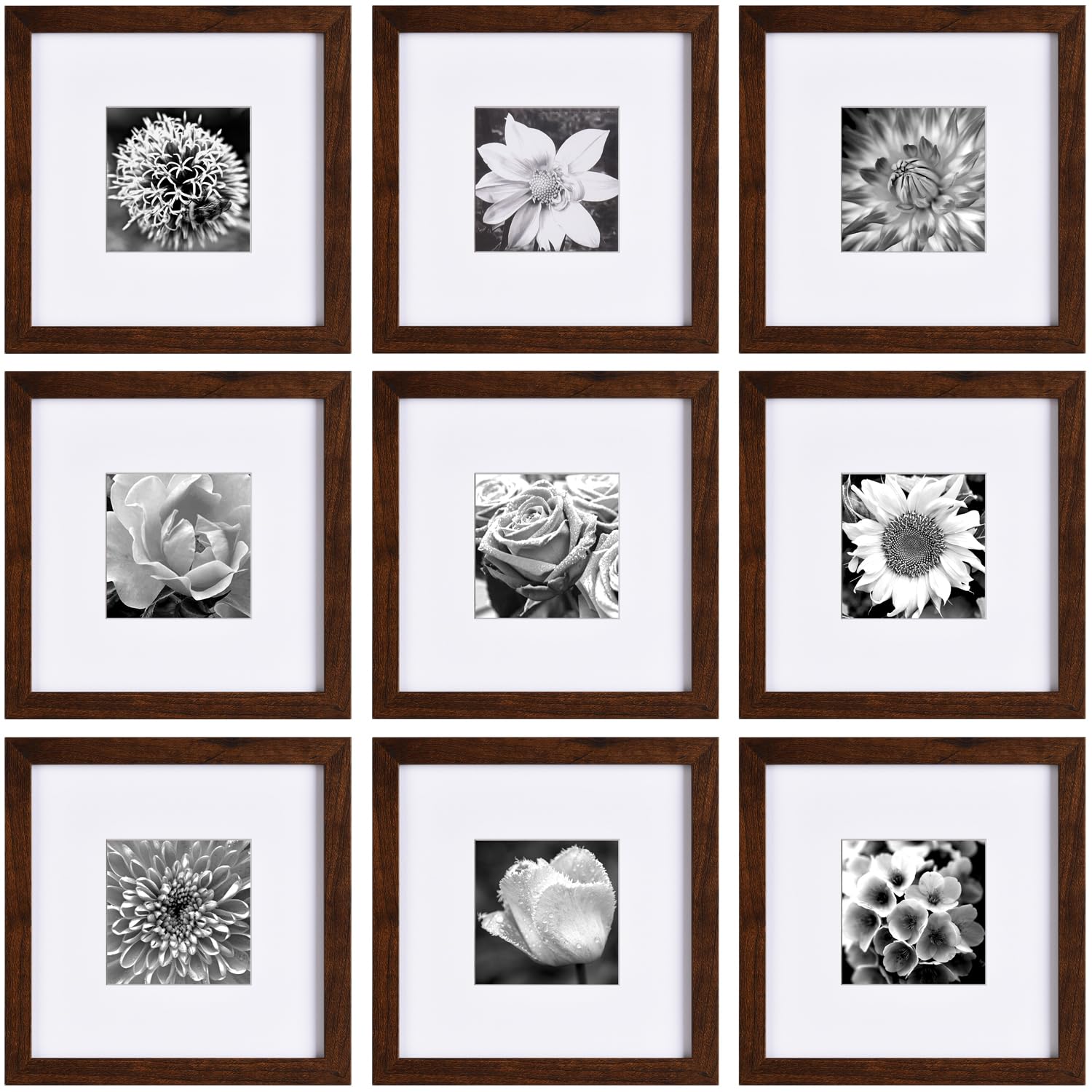 Yaetm 8x8 Picture Frame with Mat for 4x4, Set of 9 Square Photo Frames Brown Wood Grain, Gallery Wall Frame Set for Wall Mountin