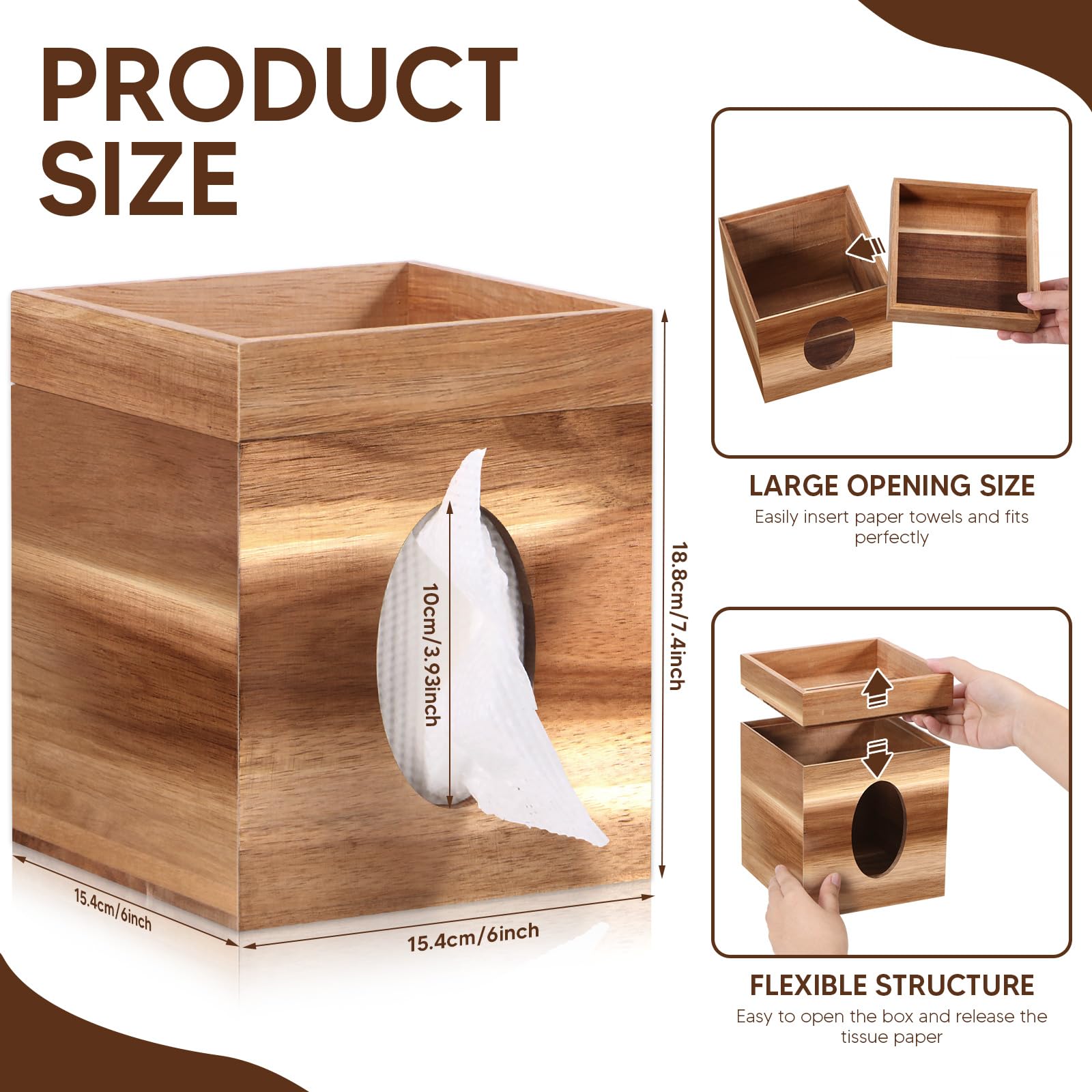 Tissue Box Cover, Wood Tissue Box Cover With Storage Tray Square Tissue Box Covers Holder For Bathroom, Bedroom, Dinner Table, O