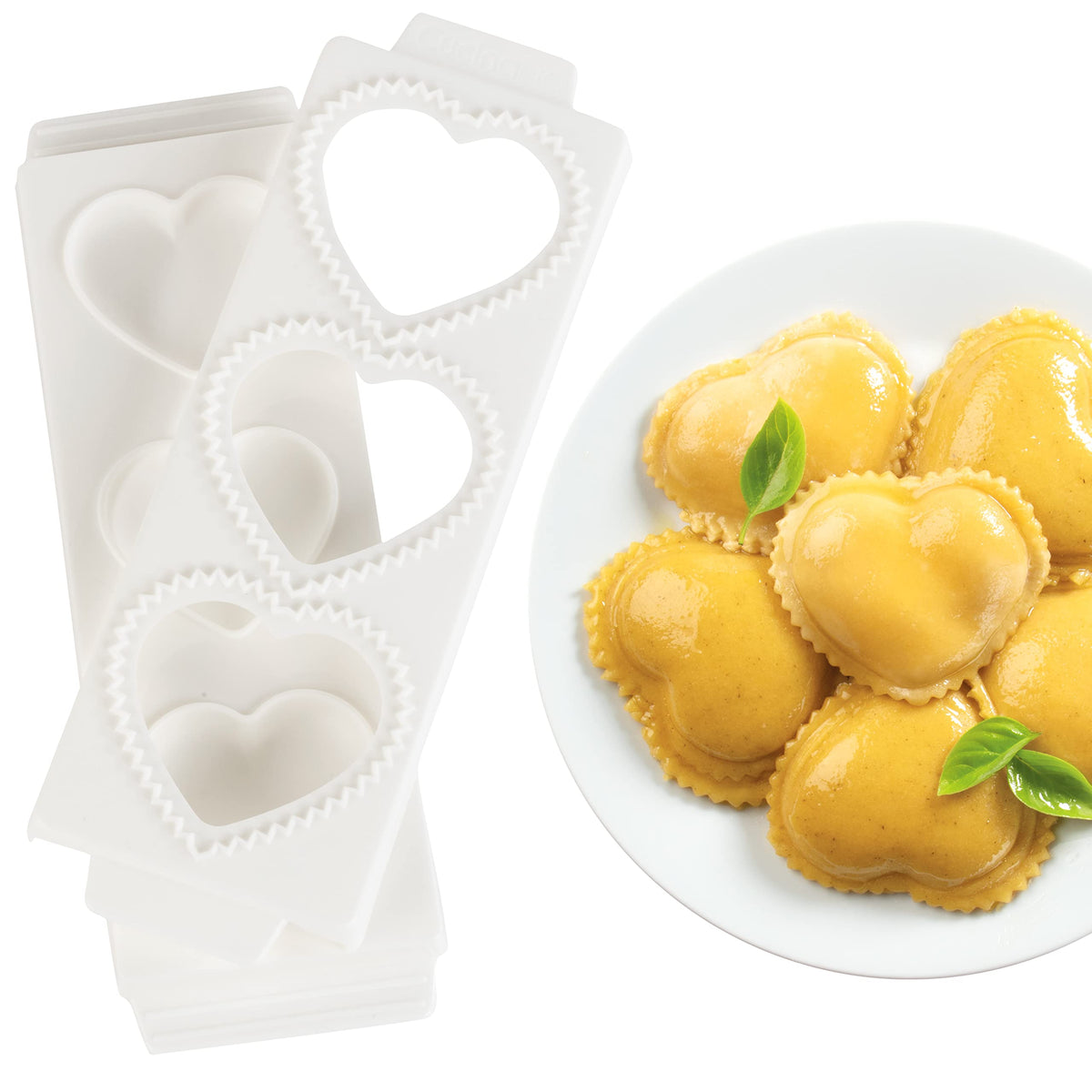Jumbo 3'' Heart Ravioli Molds- Homemade Filled Pasta Maker- 2 Piece Tray & Press Makes 3 Large Italian Raviolis At A Time, Easy