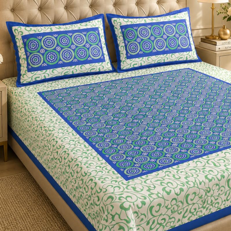 BedZone 100% Cotton Rajasthani Jaipuri Traditional Floral King Size Double Bedsheet with 2 Pillow Covers  Multicolor Bedsheets 