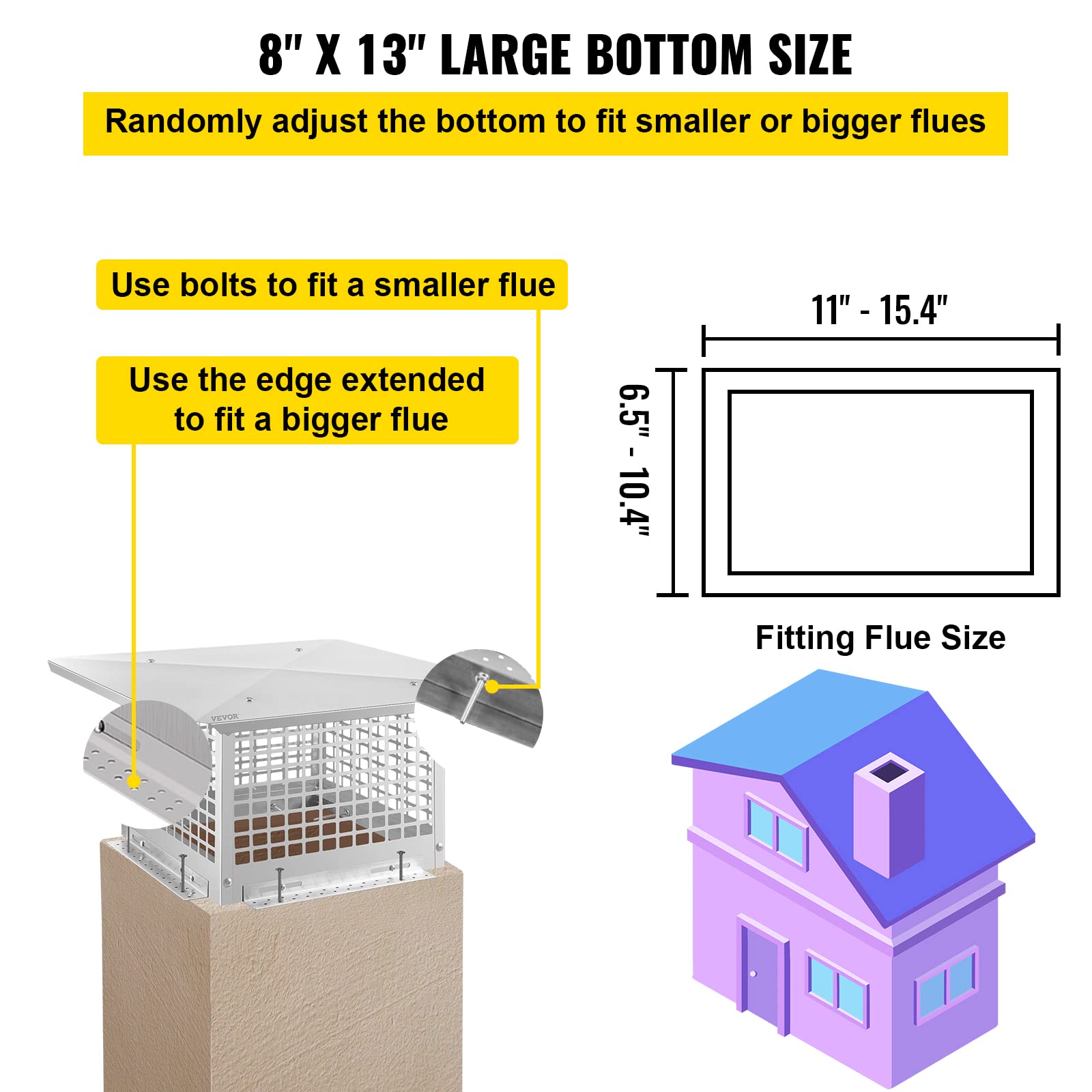 Vevor Chimney Cap, 8'' X 13'' Flue Caps, 304 Stainless Steel Fireplace Chimney Cover, Adjustable Metal Spark Arrestor With Bolts
