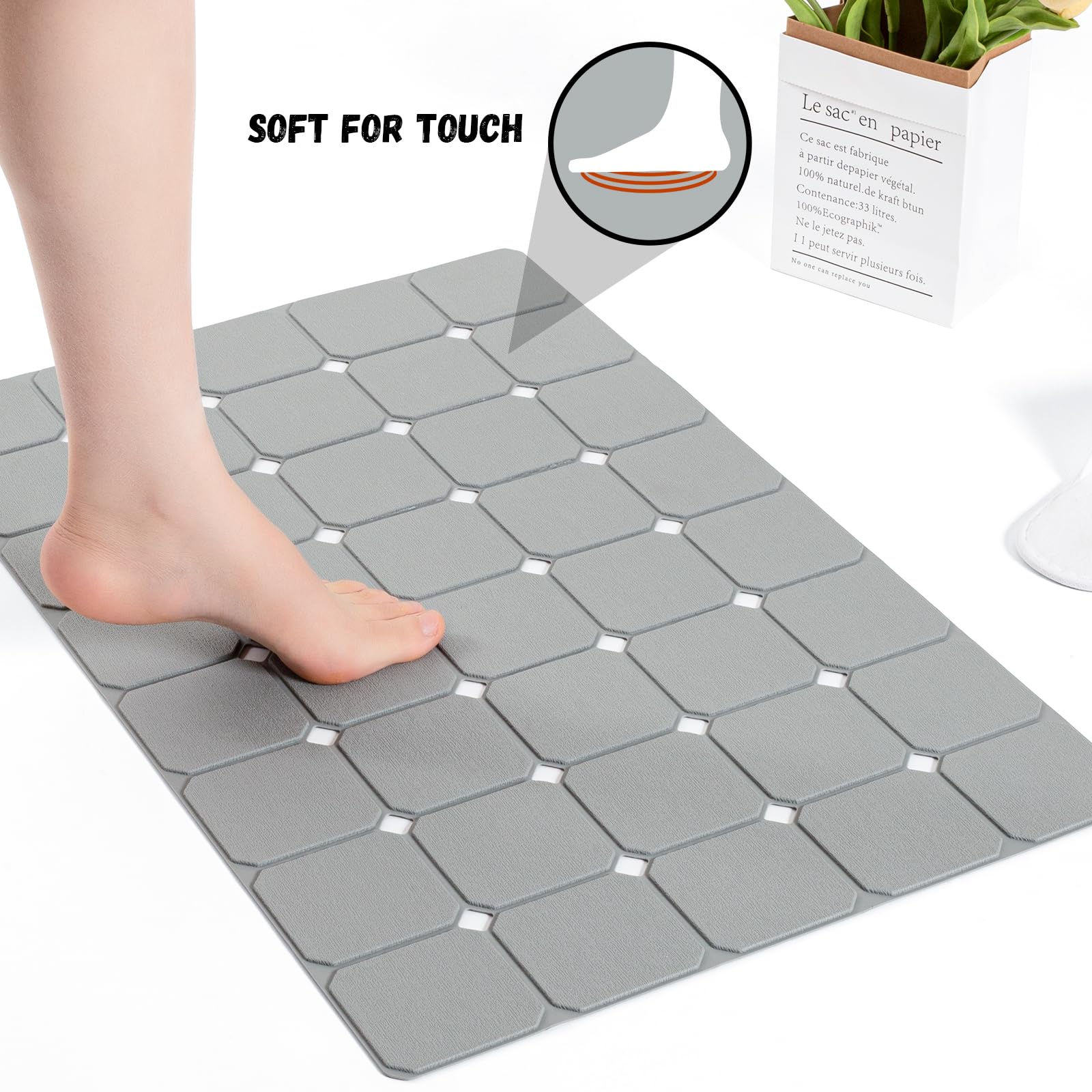 Kinbear Bath Mat For Textured Tub: Silicone Bathtub Mat Foldable Shower Mat Non Slip Tub Mat No Suction Cups 28 X 17.7Inch - Gre