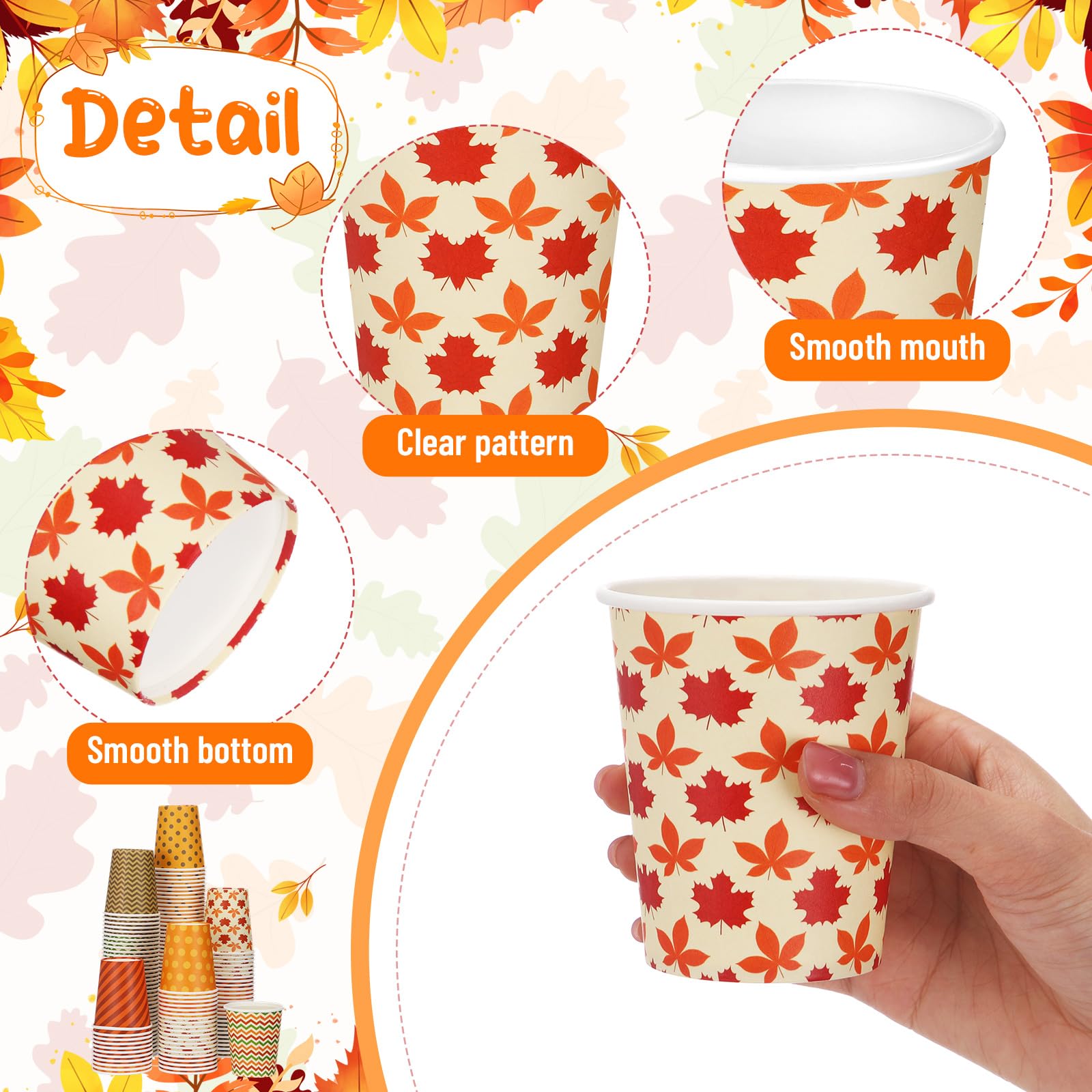 Sieral 144 Pcs Thanksgiving Paper Cups 8 oz Fall Disposable Coffee Cups Assorted Maple Leaves Harvest Holiday for Hot Cold Drink