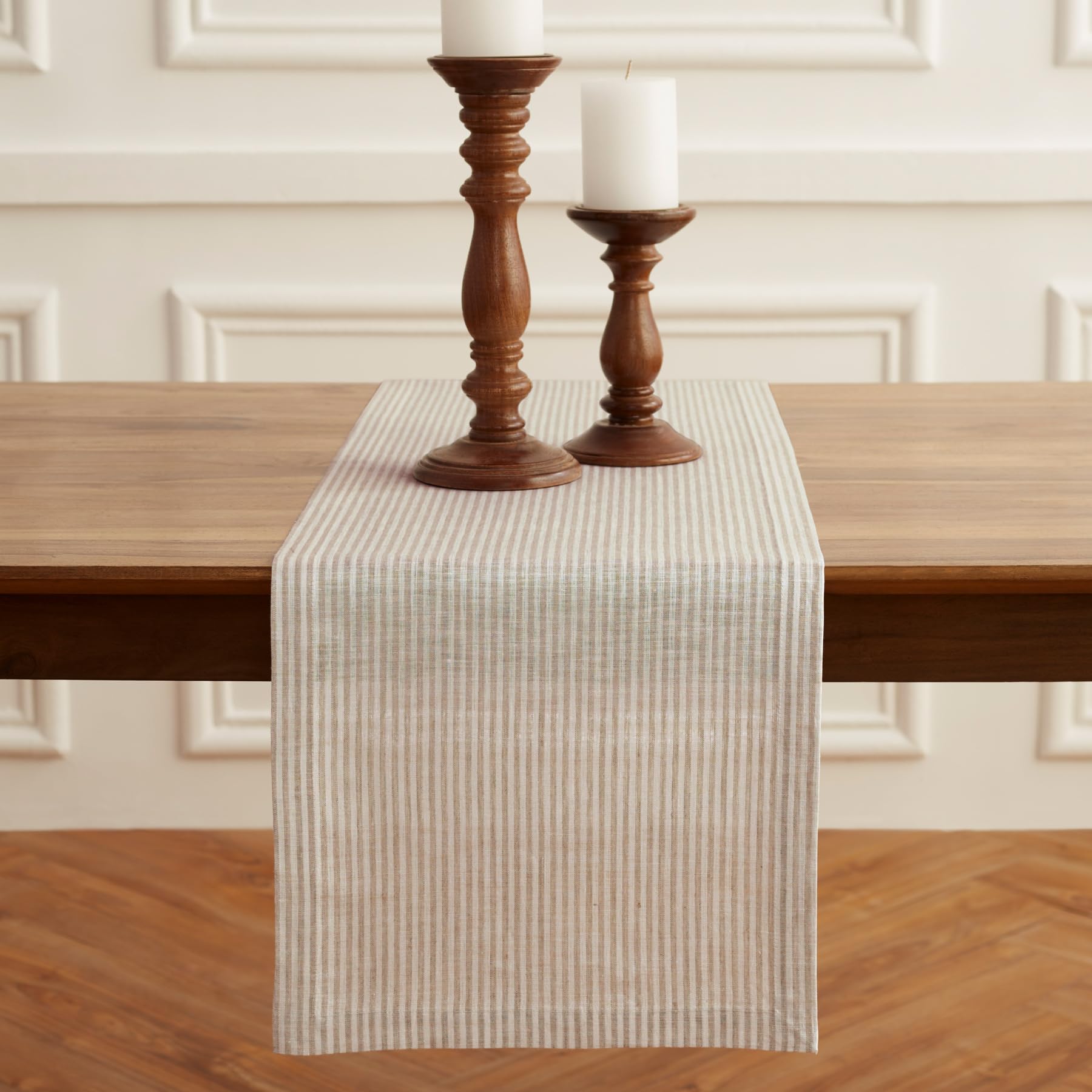 Solino Home Stripe Linen Table Runner 36 Inch - 100% Pure Linen Natural And White Short Table Runner 14 X 36 Inch Ideal For Dres