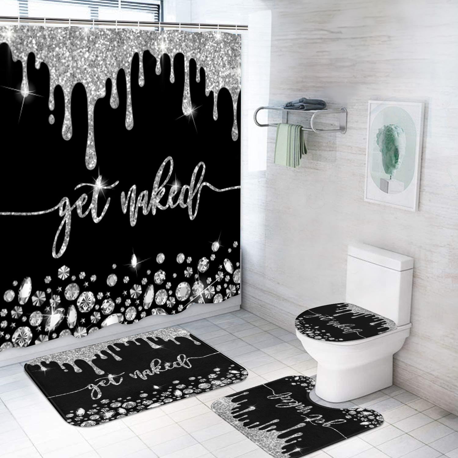 Artsocket 4Pc Silver Get Naked Shower Curtain Sets Diamond Gold Bathroom Decor With Rugs, Non-Slip Rug,Toilet Lid Cover, Bath Ma