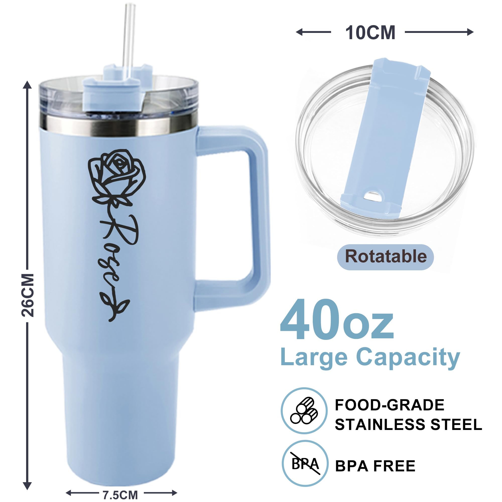 ThermoThrill Ships Next Day, Personalized 40 Oz Tumbler with Handle and Straw Custom Tumbler with Text Stainless Steel Mug Birth