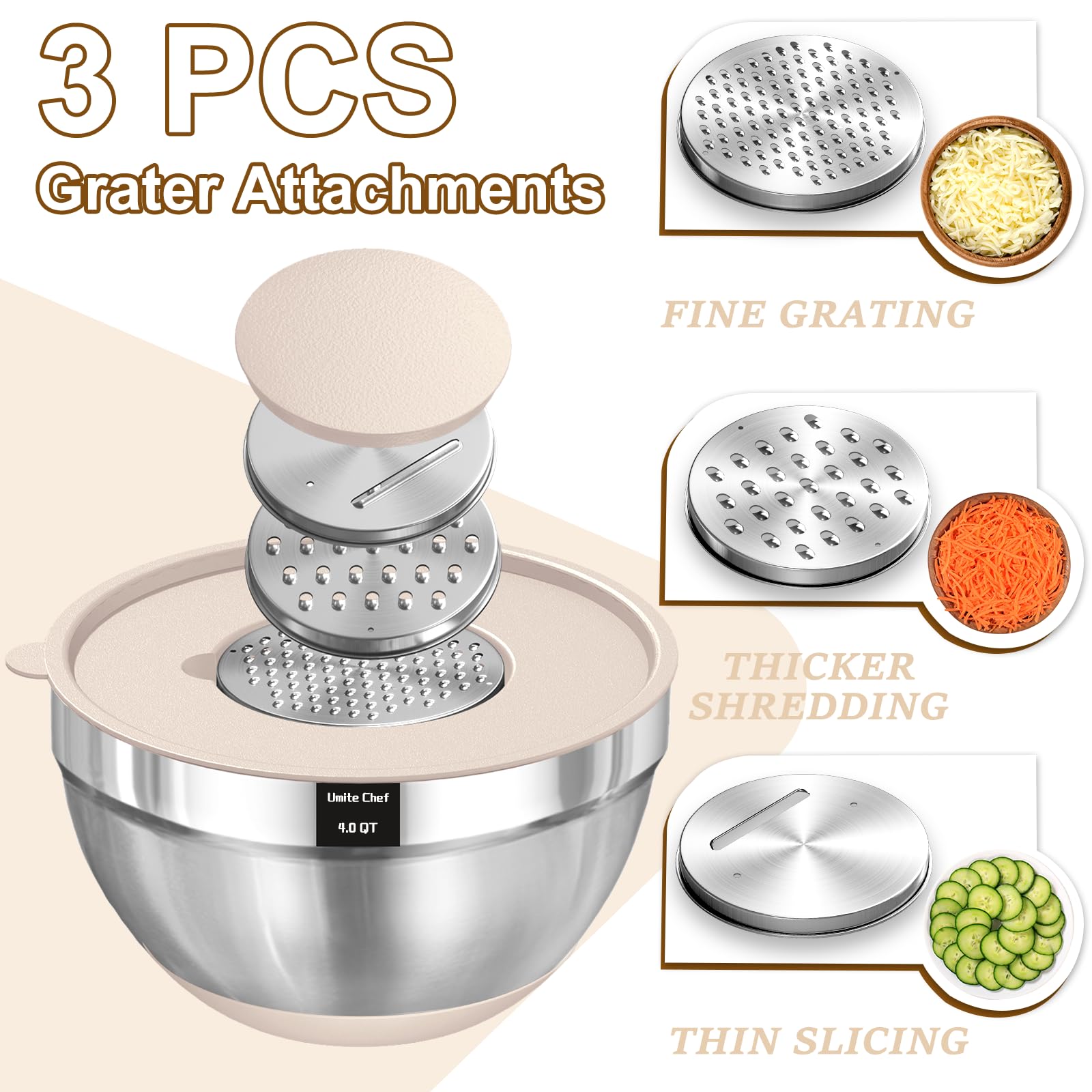 Umite Chef Stainless Steel Mixing Bowls Set - 8PCS Khaki with Airtight Lids, Non-Slip Bottoms, Sizes 5QT to 1.5QT