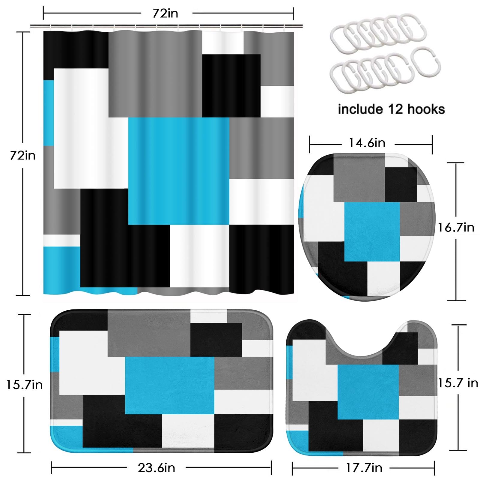 Tayney Blue Geometric Shower Curtain Set with Toilet Lid Cover and Non-Slip Rugs  Black White Grey Checkered 4 Pcs Modern Abstract Shower Curtain for Bathroom Set with 12 Hooks