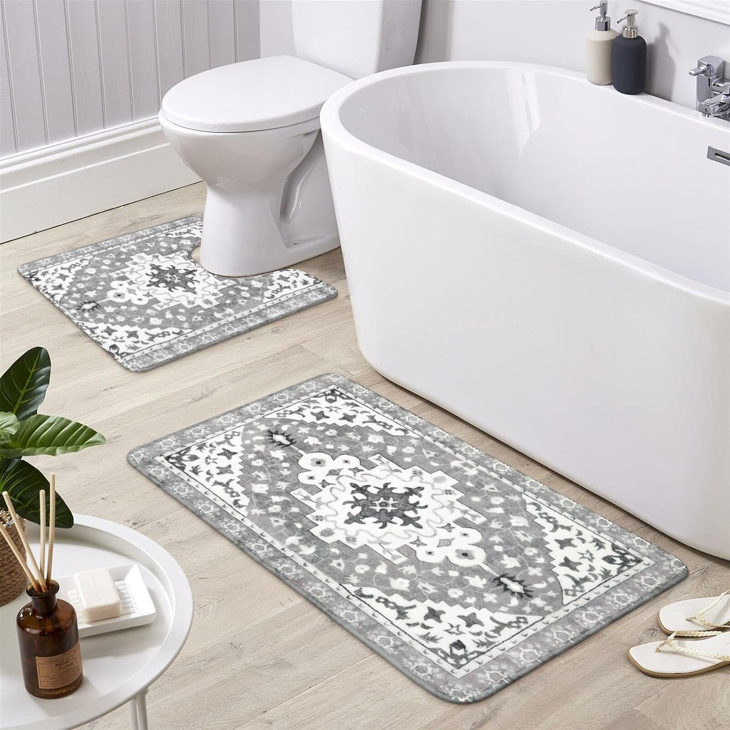 Uphome Boho Vintage Bathroom Rugs Sets 2 Piece Gray Non-Slip Soft Bath Mat With U-Shaped Contour Toilet Rug Machine Washable Ori