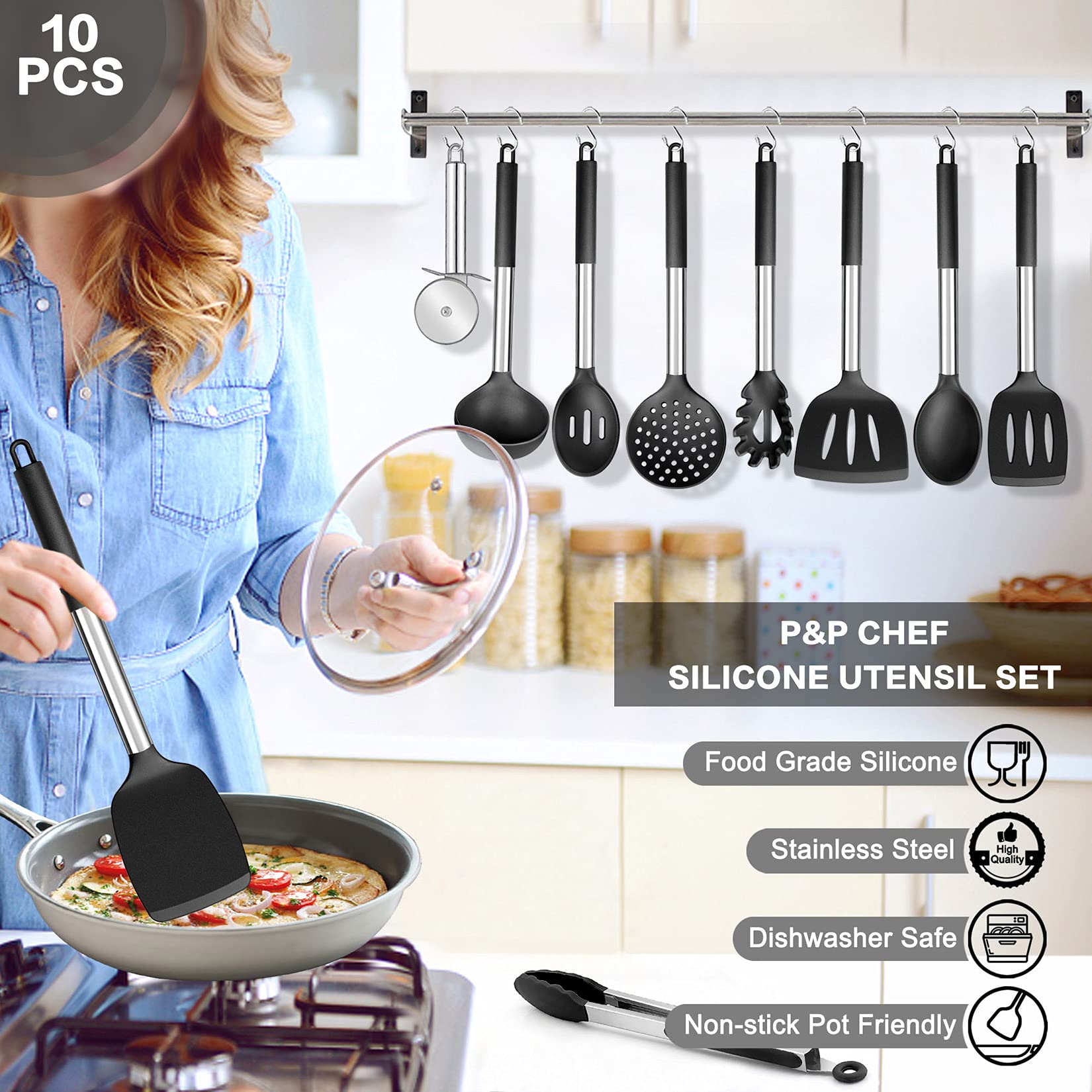 Black Kitchen Utensils Set Of 10, P&P Chef Heat-Resistant Silicone Cooking Utensil With Stainless Steel Handle, Include Turner,S