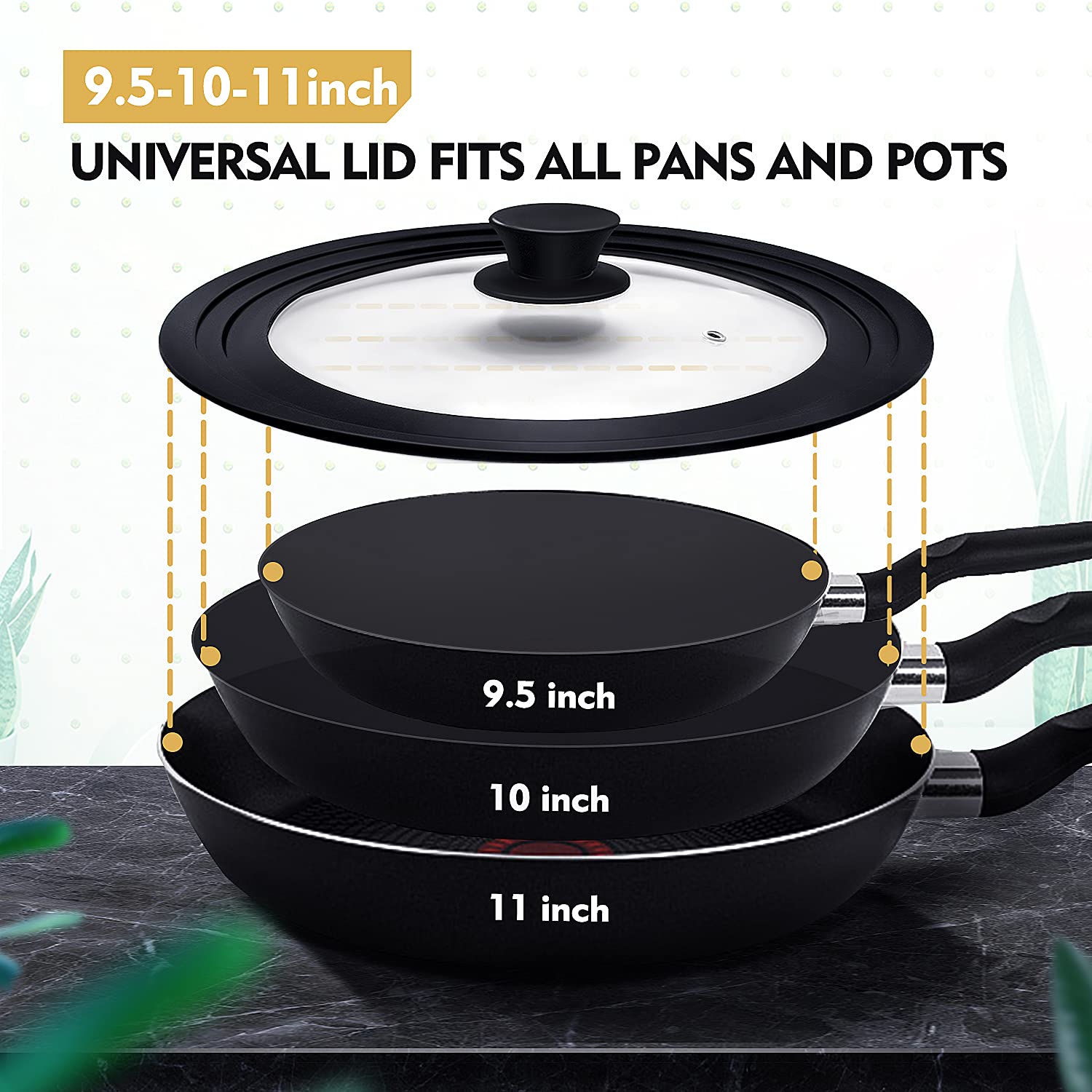 Ydeapi Universal Lid For Pots, Pans And Skillets, Pot Lid With Heat Resistant Silicone Rim And Tempered Glass,Fits 9.5'', 10'',