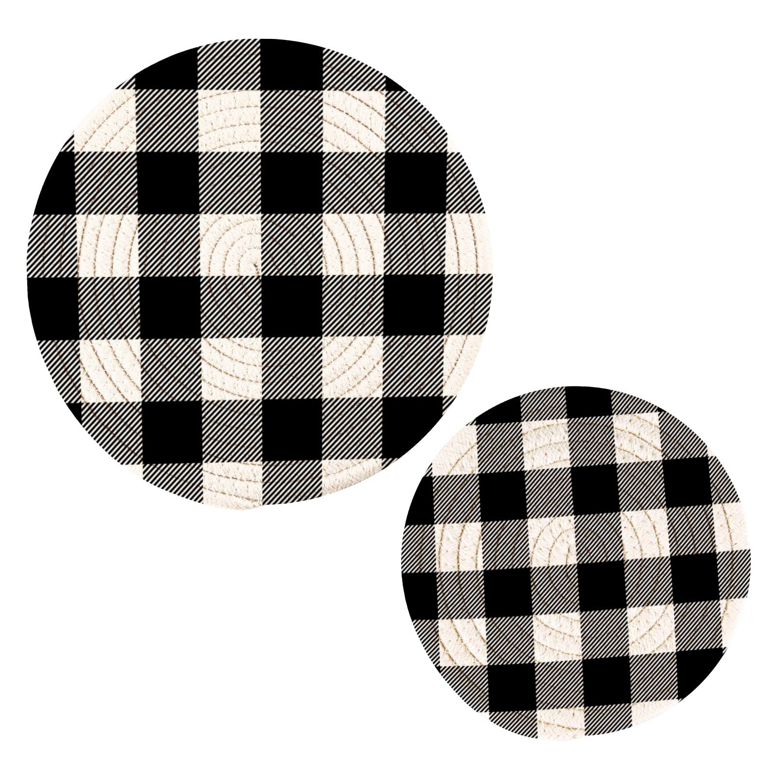 Kigai White Black Buffalo Plaid (4) Pot Holders Trivets Set 2 Pcs,Round 100% Cotton Braided Hot Pads For Hot Dishes Hot Pots And