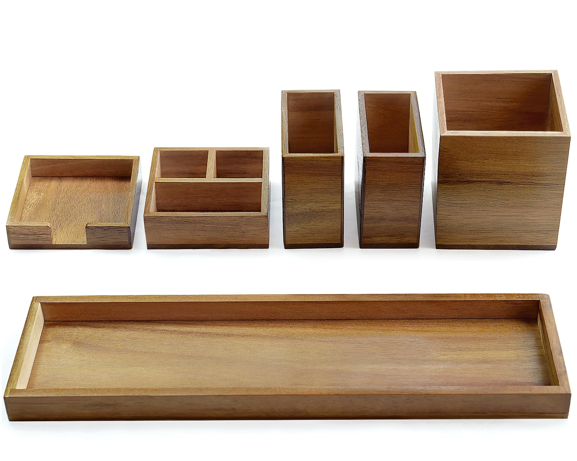 ROCDEER Wood Vanity Tray, 6-Piece Small Bathroom Counter Organizer Wooden Decorative Trays Rectangular Perfume Jewelry Makeup Co