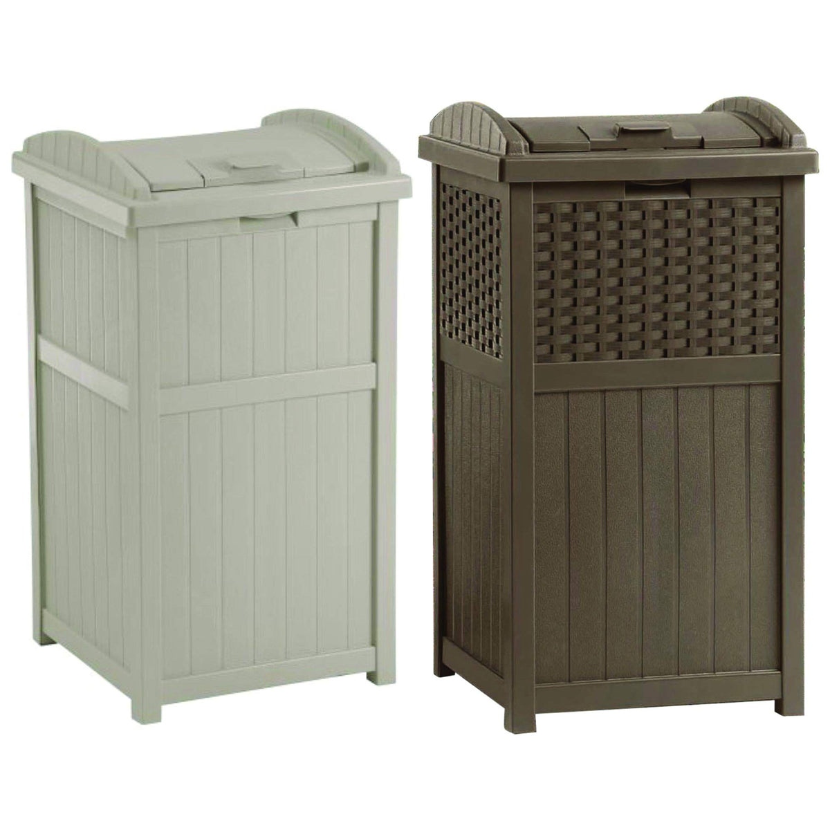 Suncast 33 Gallon Trash Hideaway Easy Assembly Durable Plastic Garbage Container With Wood Look Design, 1 Beige And Brown (2 Pac