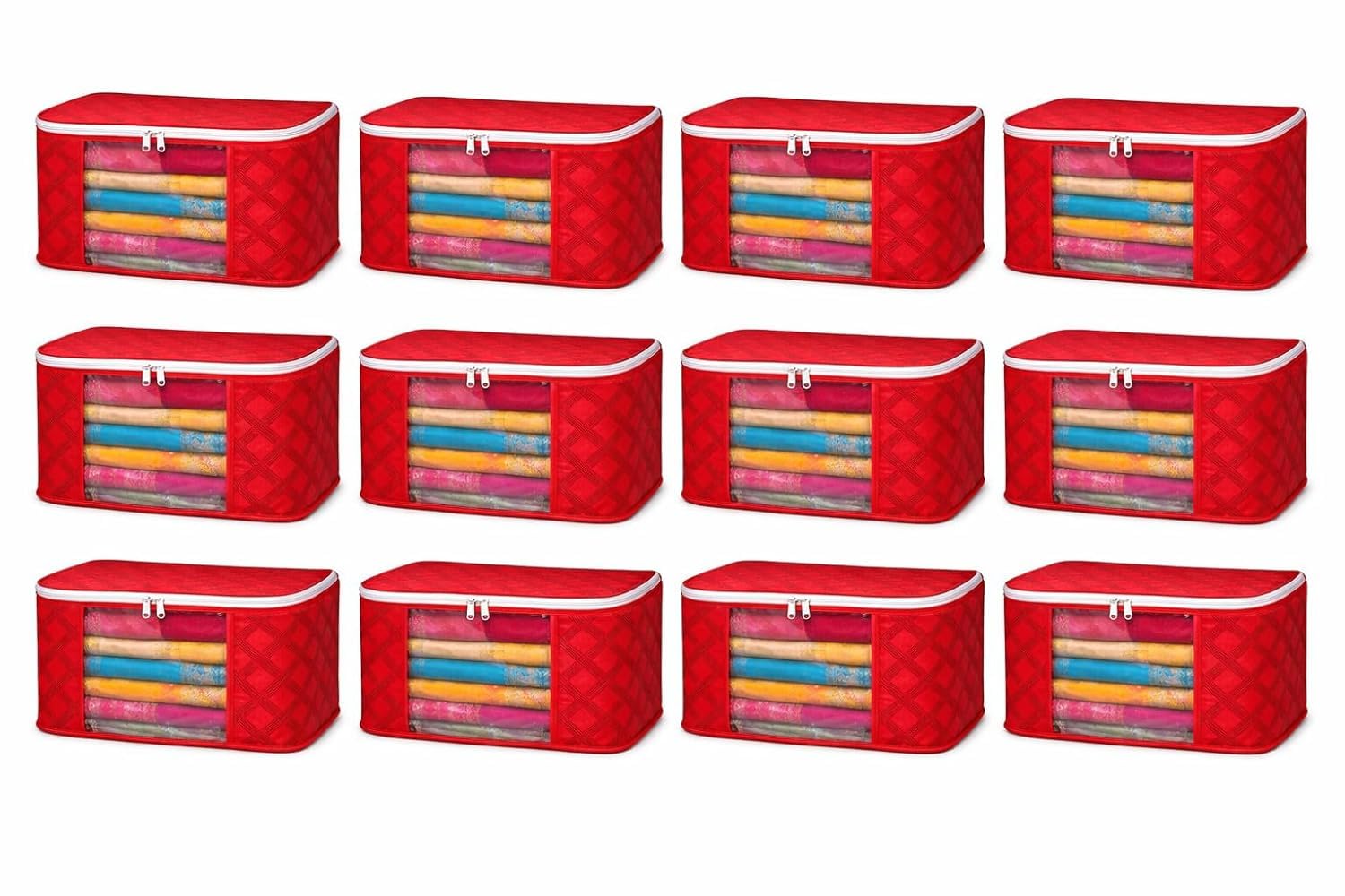 Clothes Storage Organizer Bags With Transparent Front Window And Zip Closure, (Red, Pack Of 12)