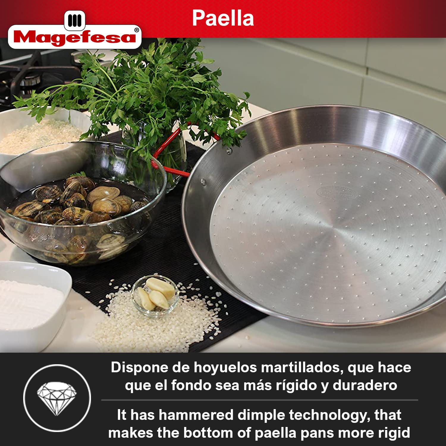 Magefesa Carbon - Paella Pan 17 In - 42 Cm For 10 Servings, Made In Carbon Steel, With Dimples For Greater Resistance And Lightn