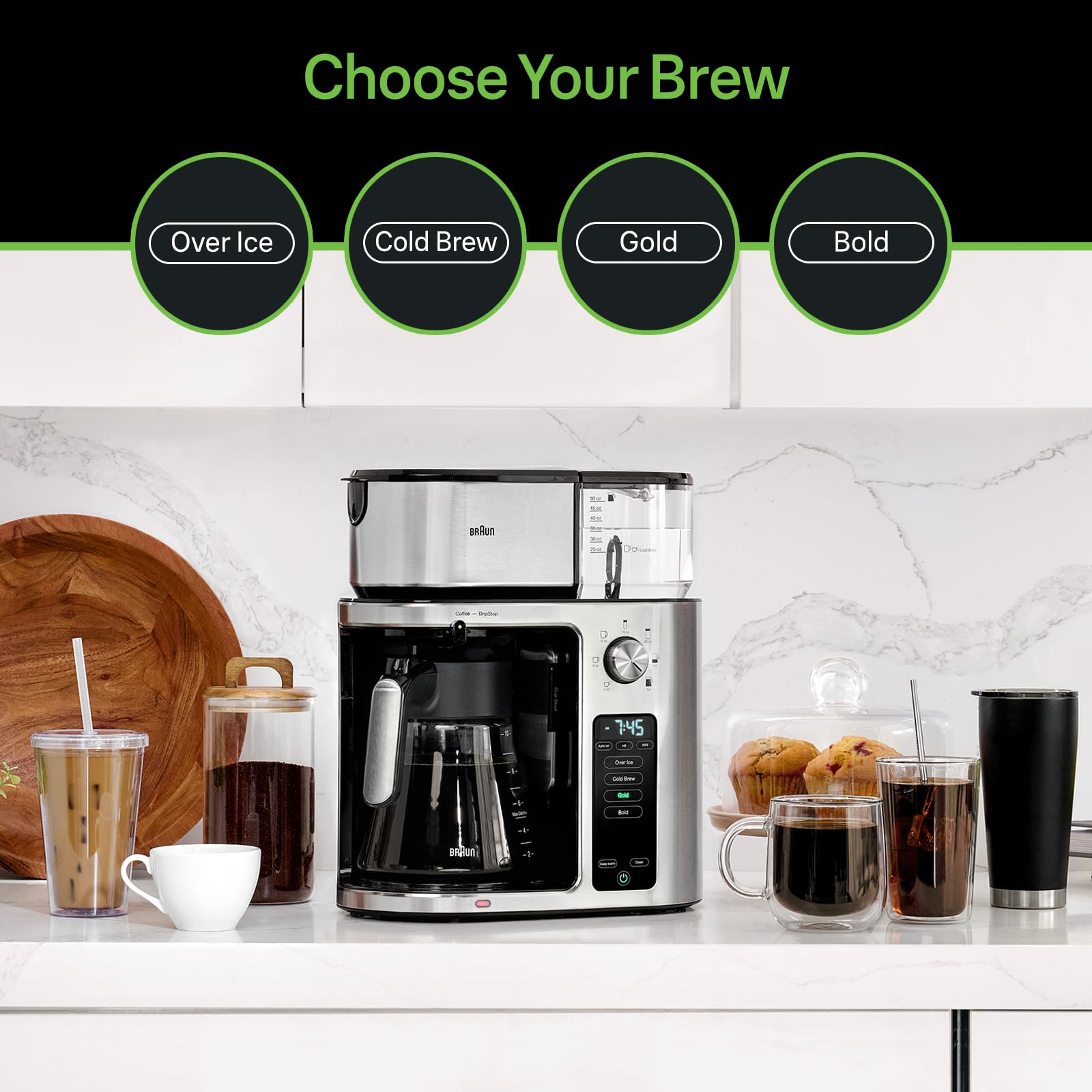 Braun Multiserve Plus 10- Cup Pod Free Drip Coffee Maker, 7 Brew Sizes/Hot & Cold Brew, Stainless Steel Kf9270Si