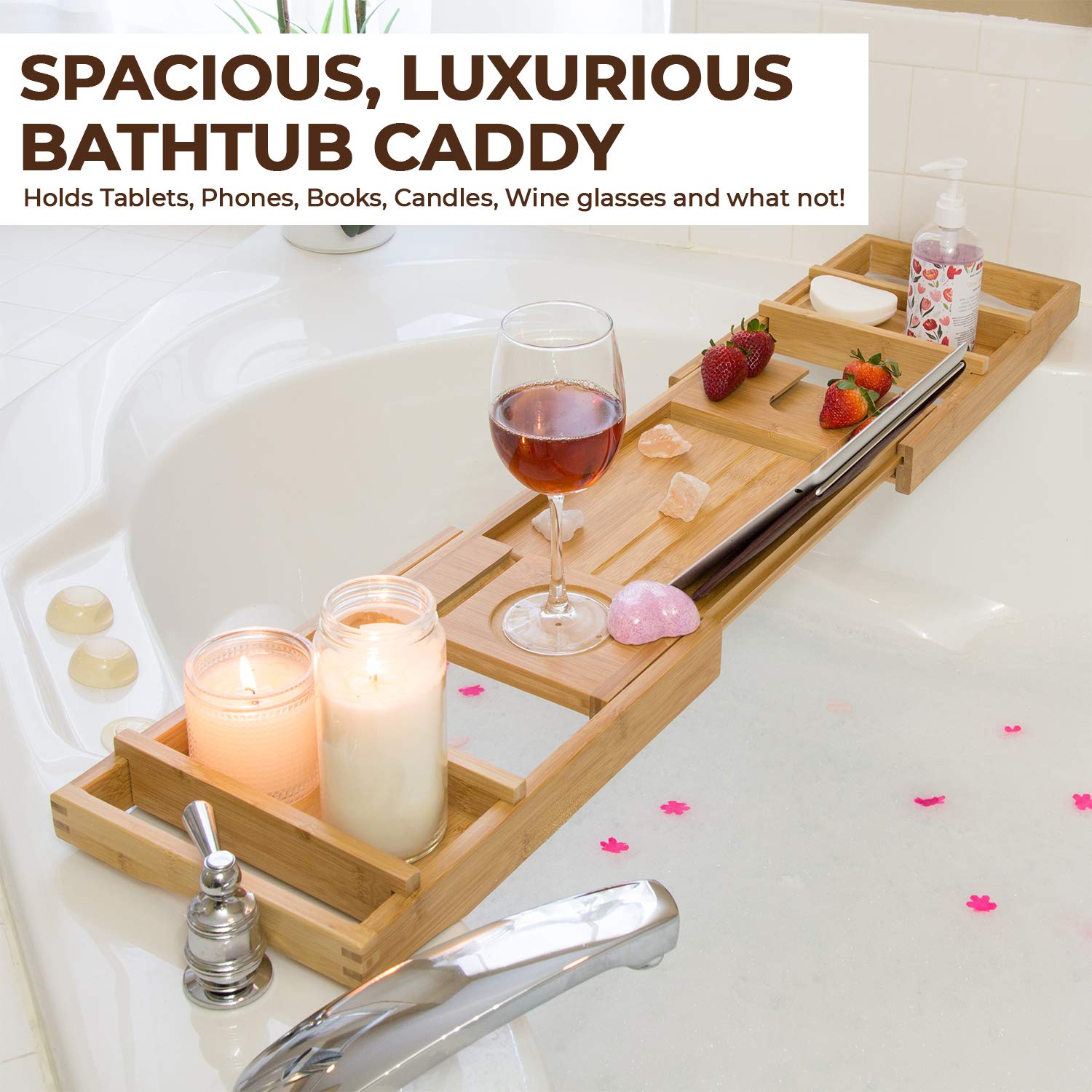 Premium Bamboo Bathtub Tray Caddy For Tub - Expandable Foldable Bath Tray - Unique House Warming Gifts, New Home, Anniversary &