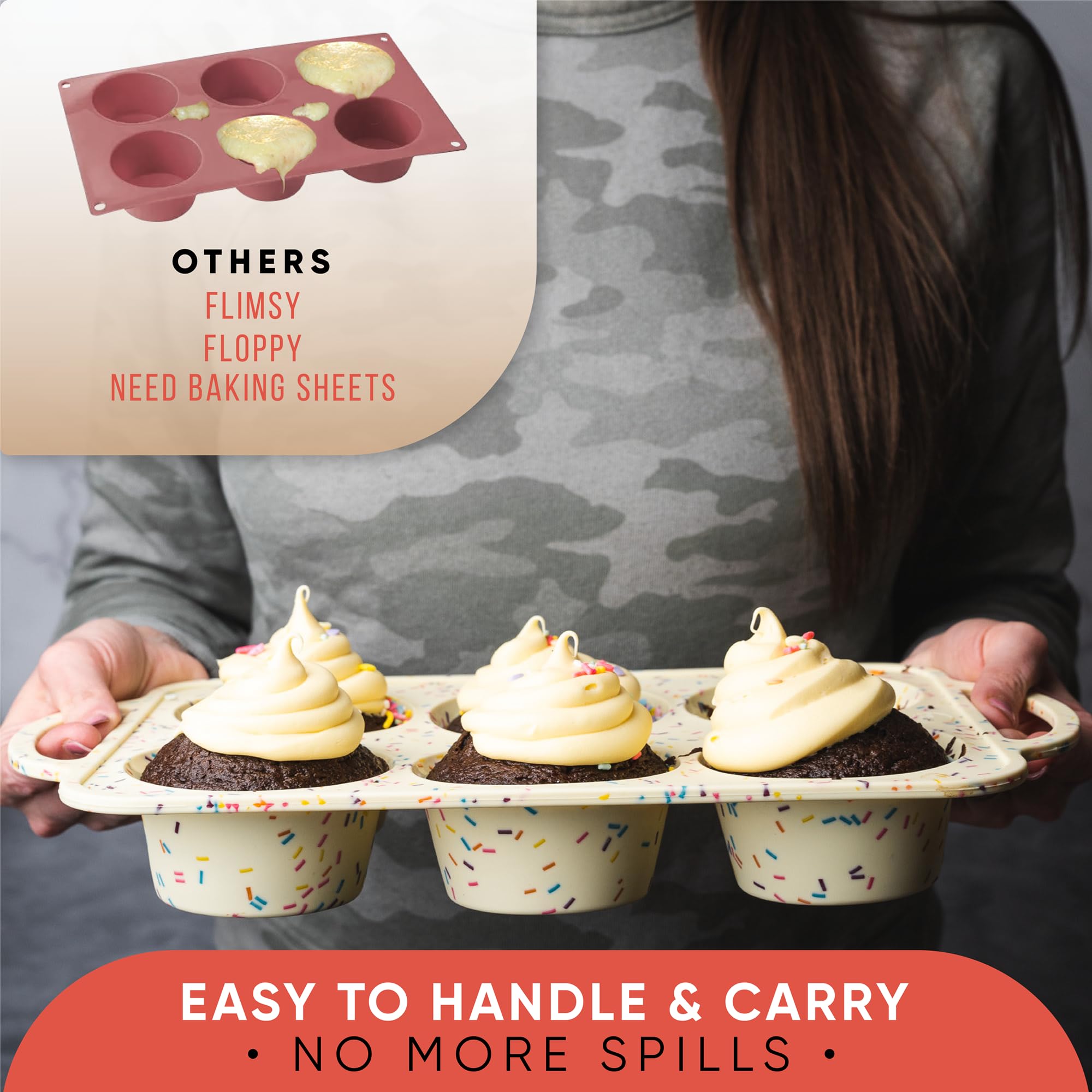 Bake Boss Silicone Jumbo Muffin Pan With Handles, 6 Cups Jumbo Cupcake Pan, Silicone Muffin Cups For Baking, Eggs & Cupcakes, No