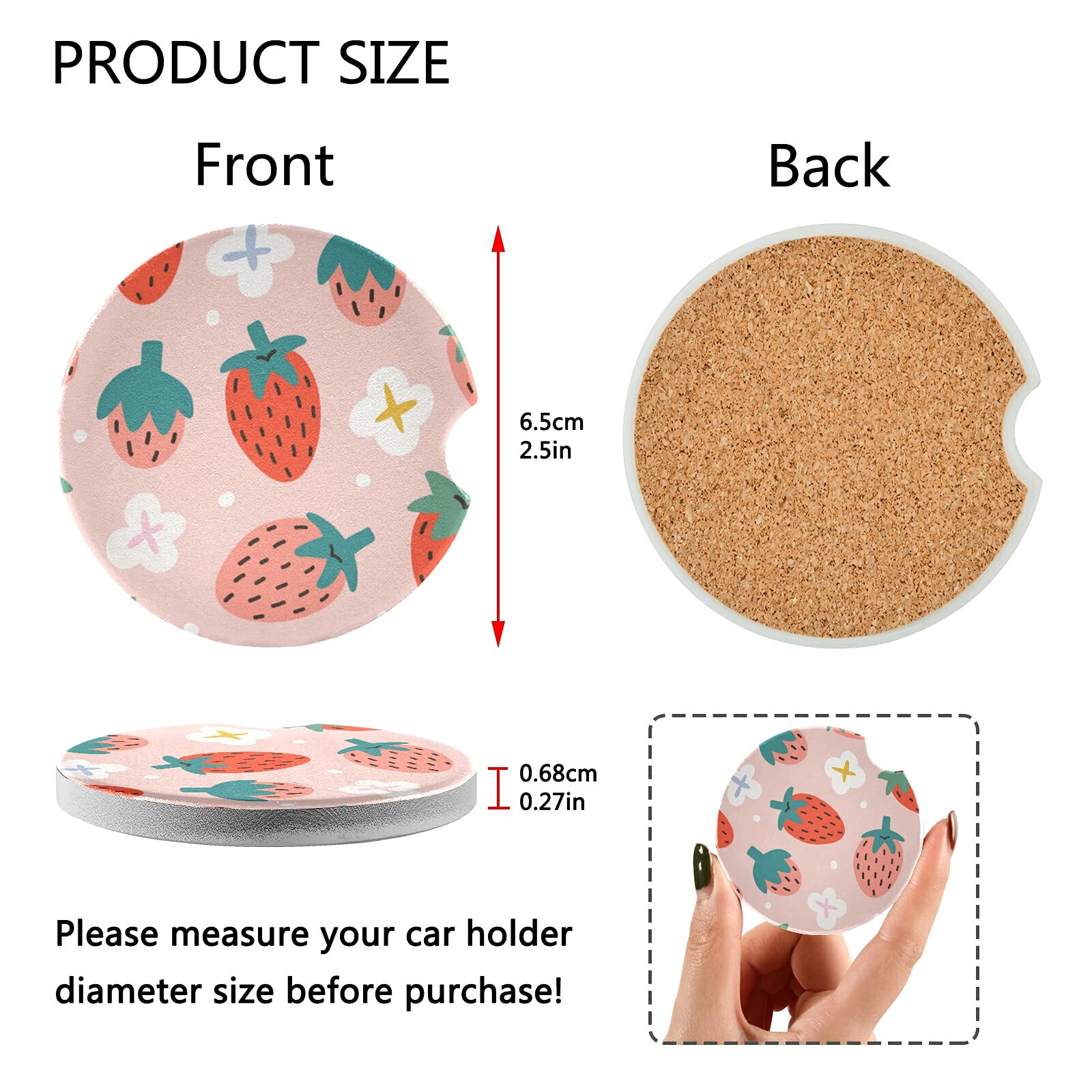 Xigua Cute Strawberry Car Coasters 2 Pack Drinks Absorbent Ceramic Stone Car Coasters With Fingertip Grip Car Cup Holder Coaster