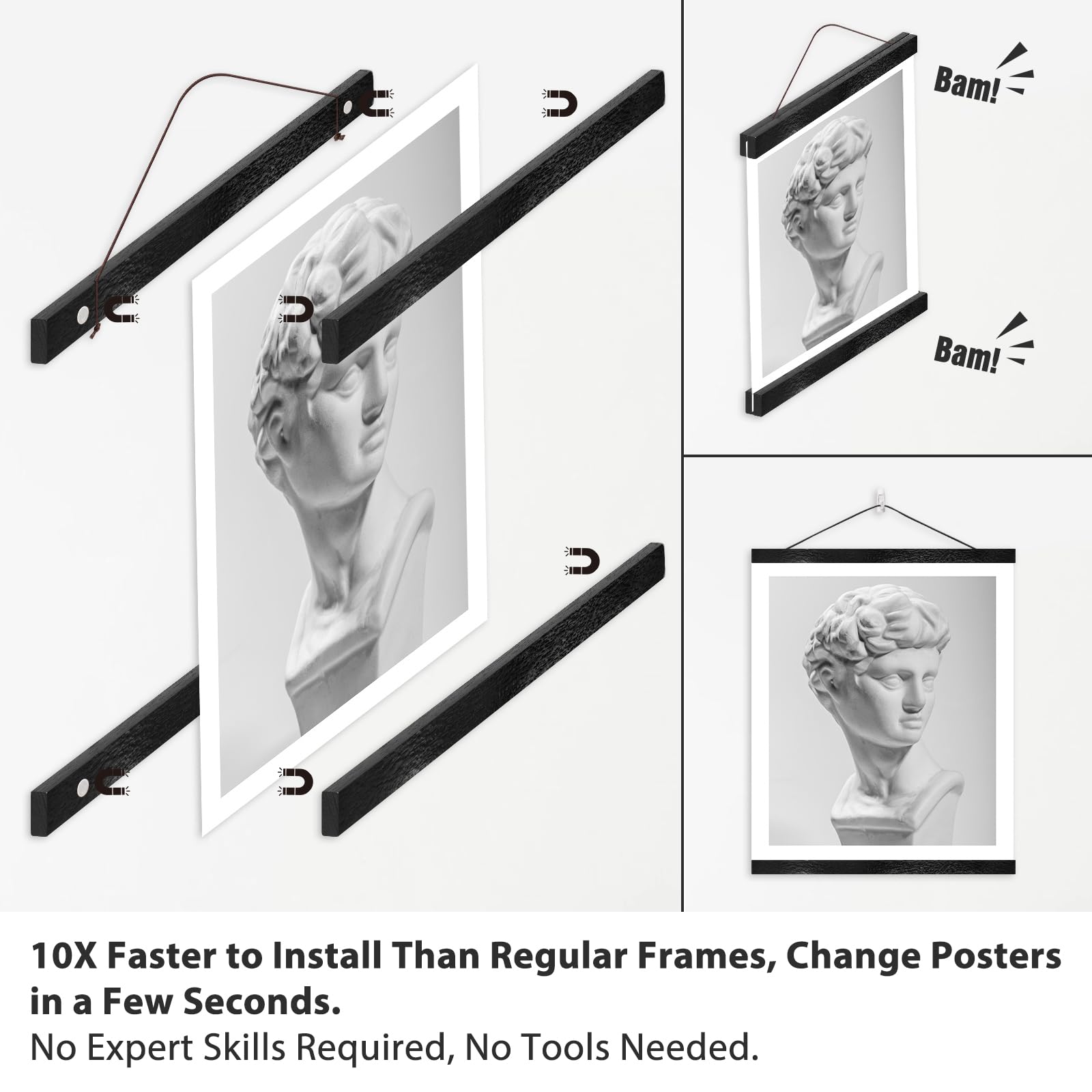 Magnetic Poster Hanger Wooden Poster Hangers  14 Inch  Extra Strong Magnets  Quick Assembly and Easy Use  Wood Poster Hanger for Wall Art  Pictures  Prints  Maps  Canvas  14x17 14x20 14x22  Black